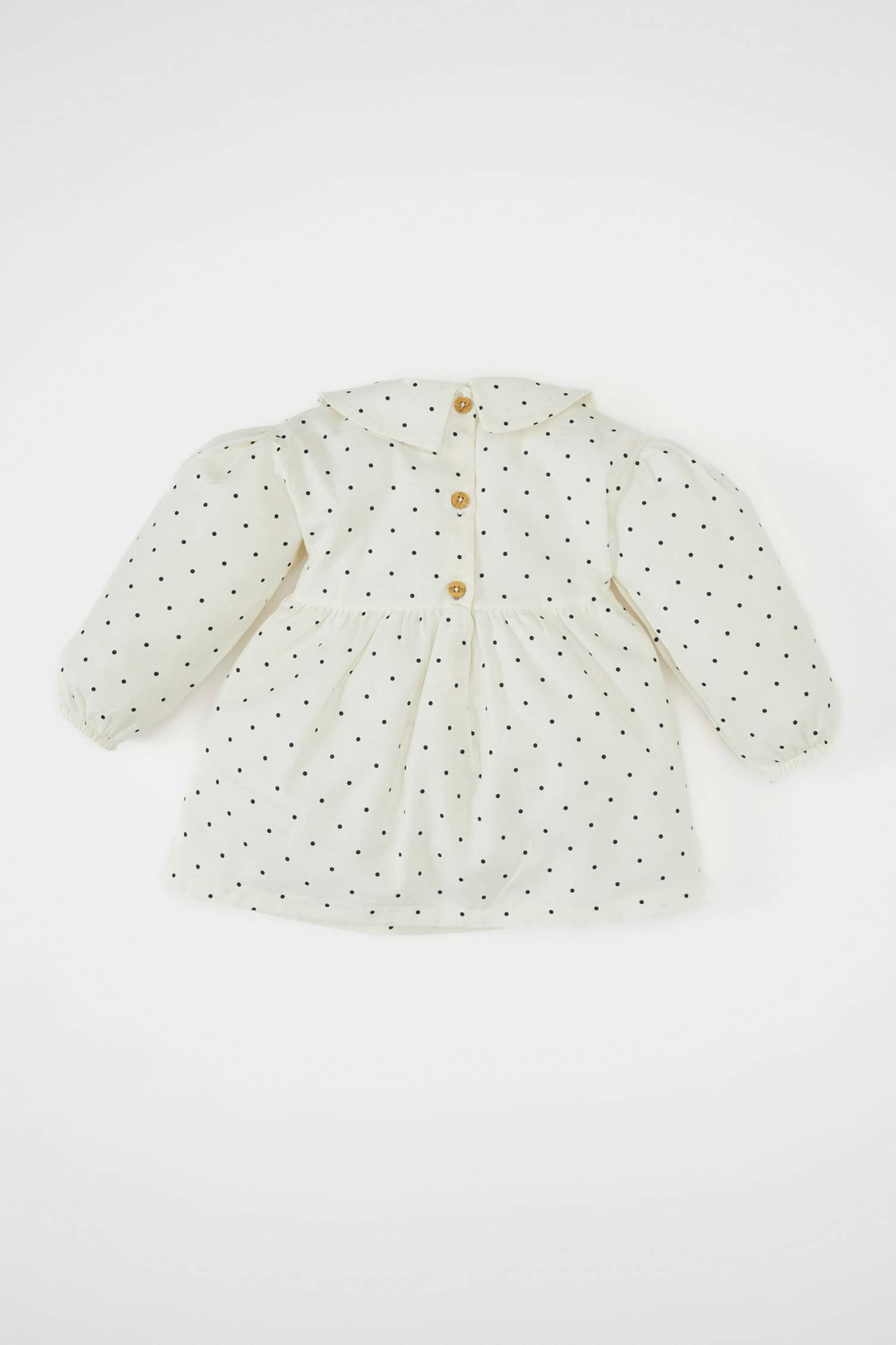 Kız Bebek Geniş Yaka Puantiye Uzun Kollu Twill Elbise