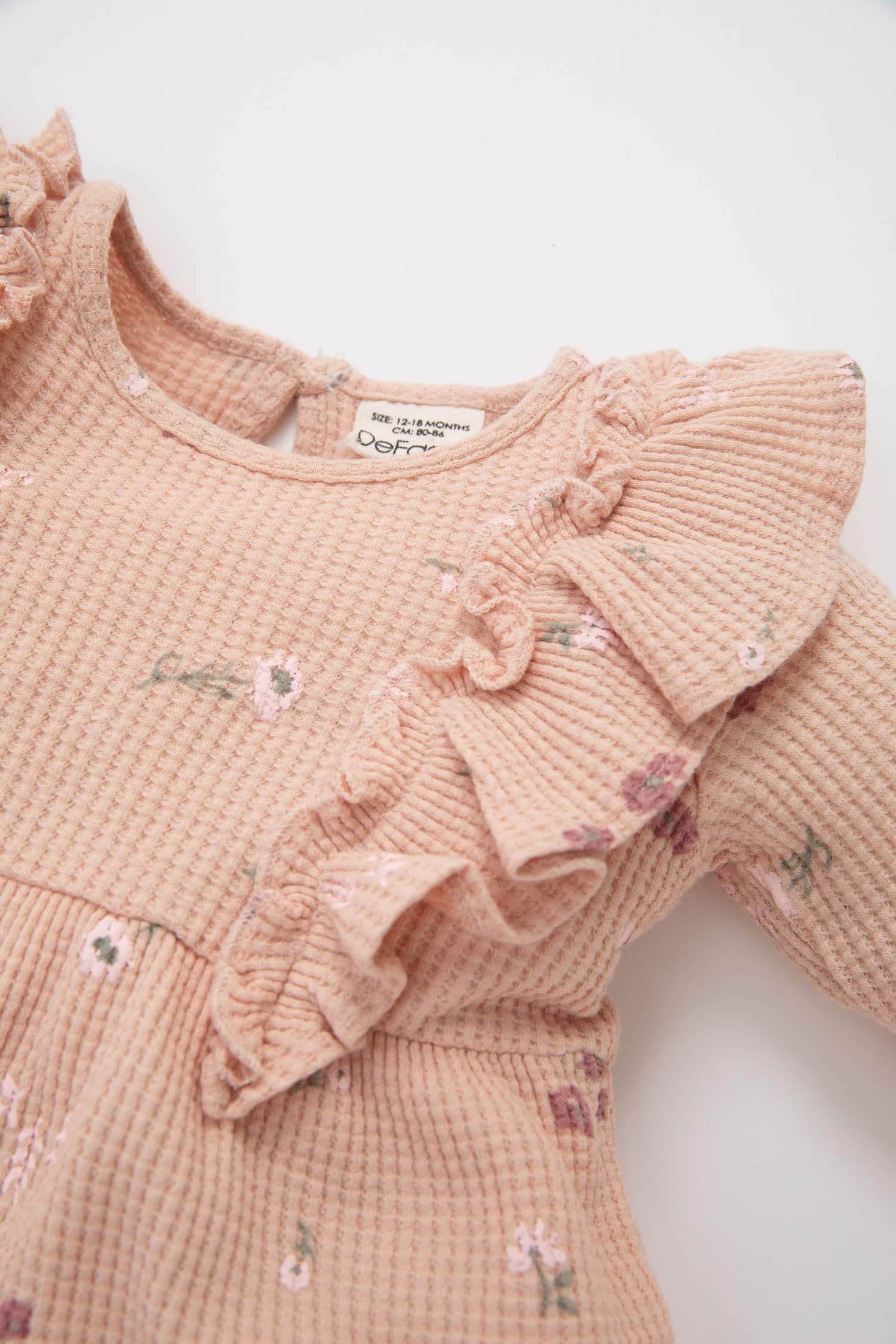 Kız Bebek Bisiklet Yaka Fırfırlı Çiçekli Uzun Kollu Waffle Elbise