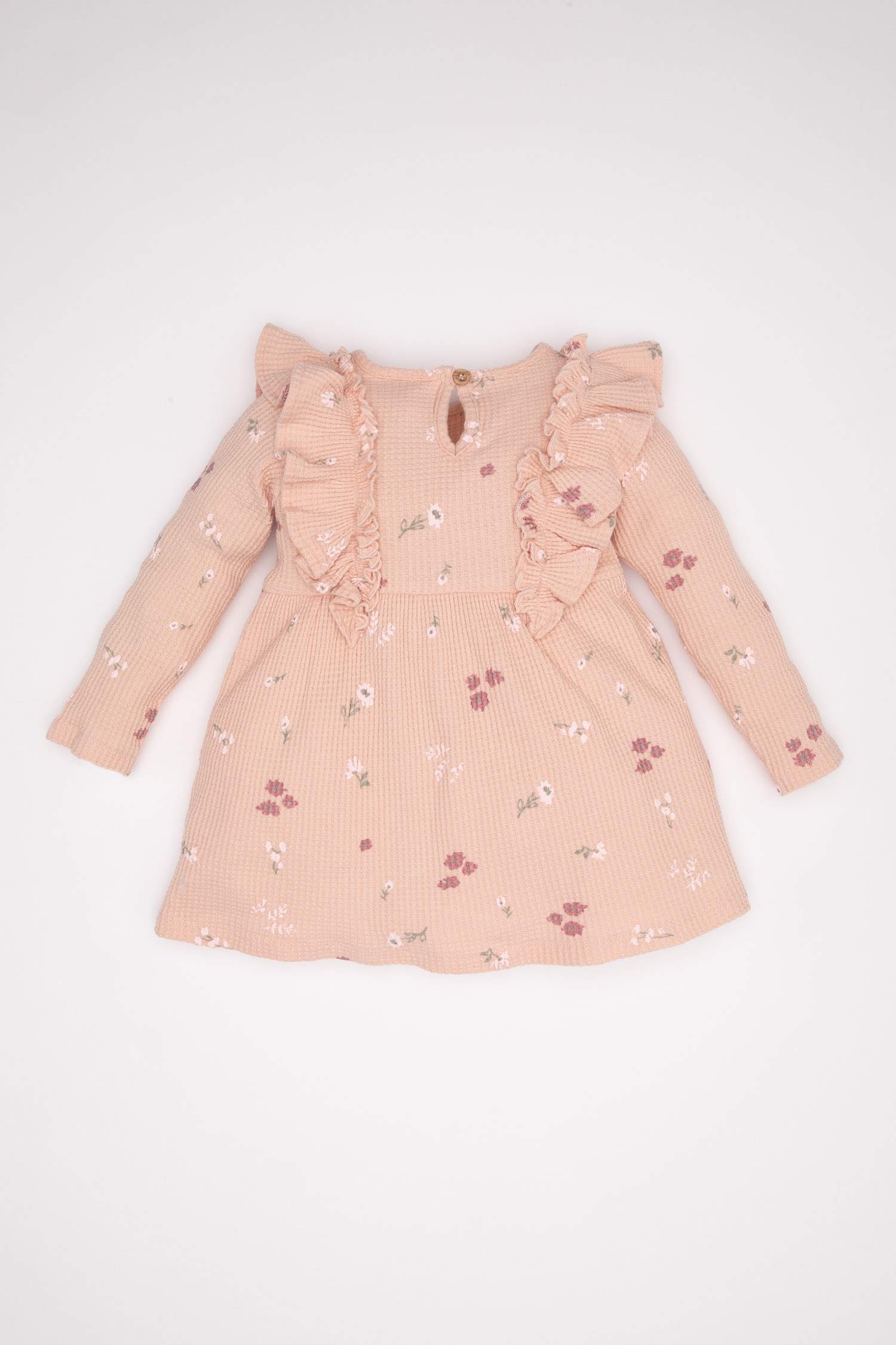 Kız Bebek Bisiklet Yaka Fırfırlı Çiçekli Uzun Kollu Waffle Elbise