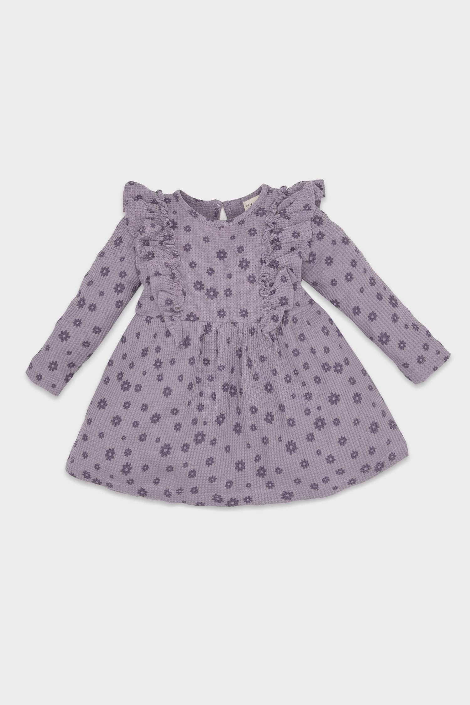 Girl Long Sleeve Ruffle Waffle Purple Floral Dress
