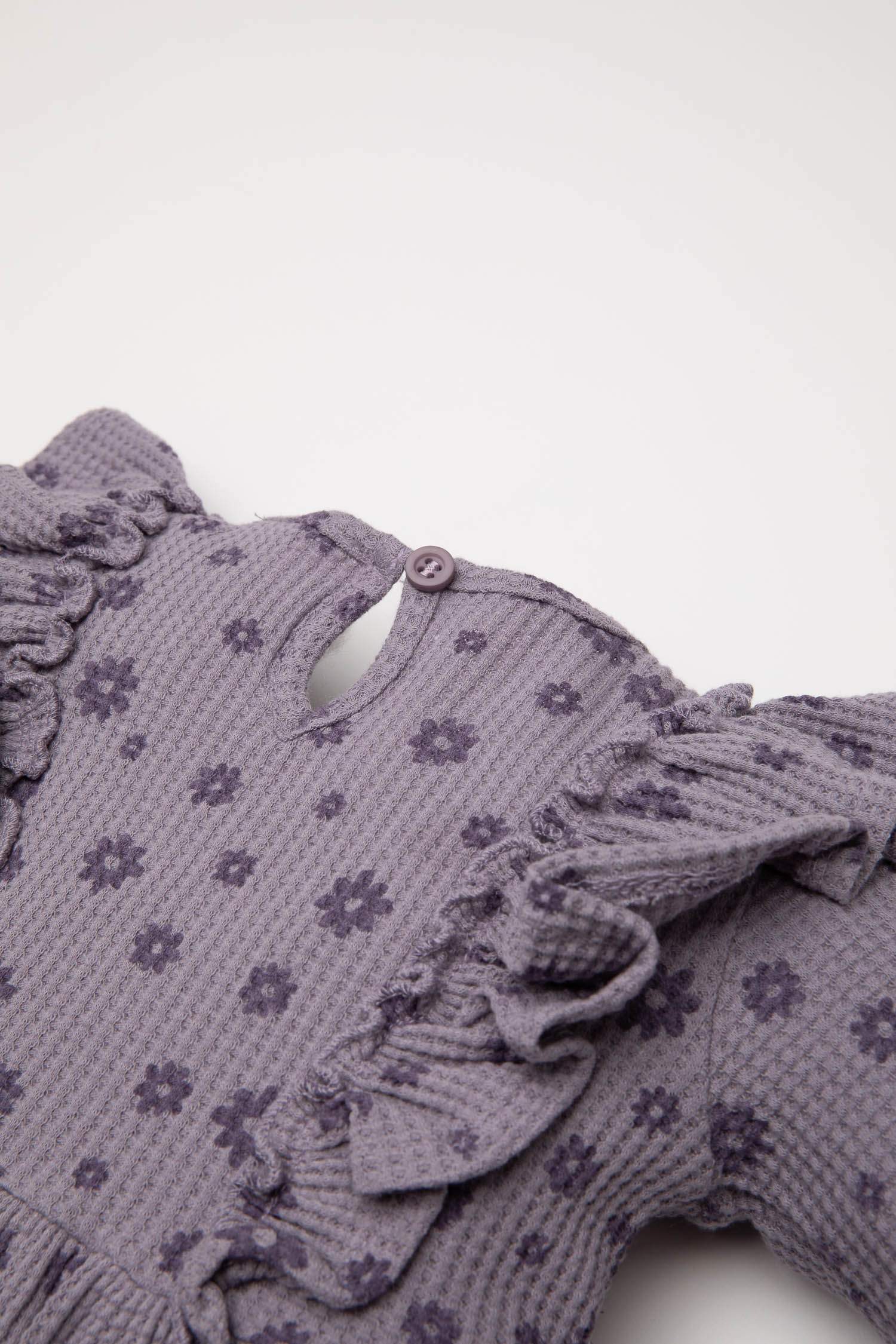 Girl Long Sleeve Ruffle Waffle Purple Floral Dress