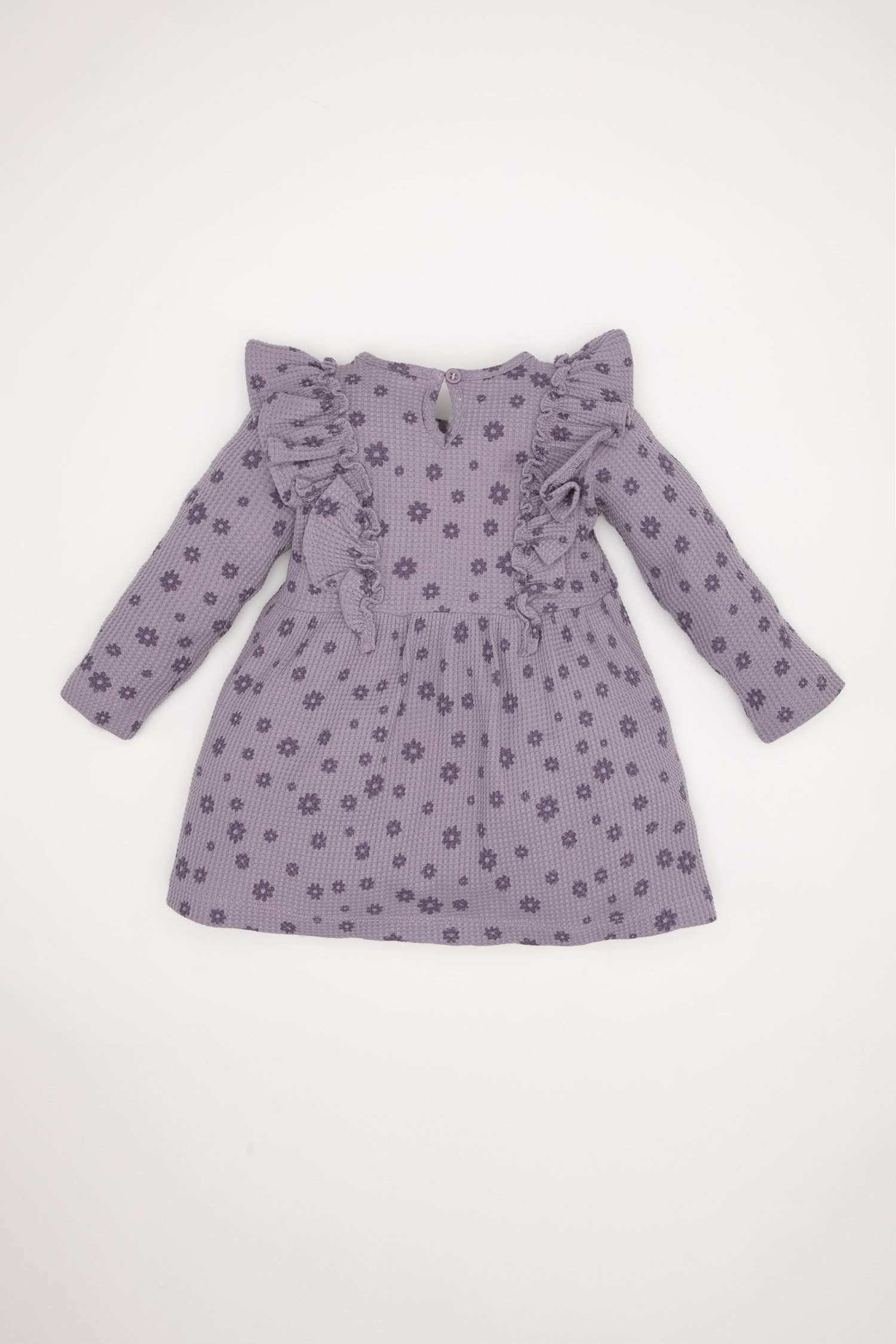 Girl Long Sleeve Ruffle Waffle Purple Floral Dress