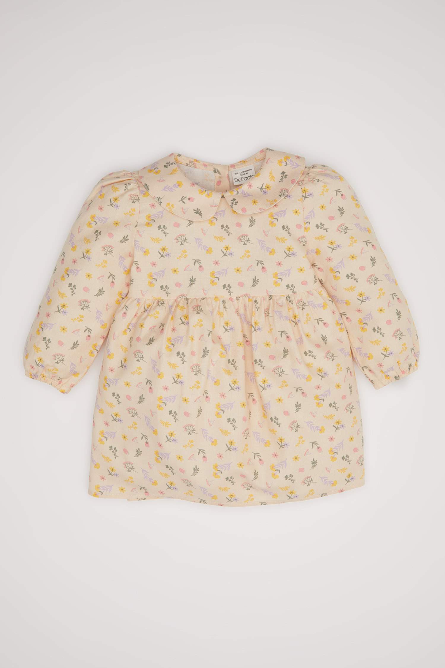 Kız Bebek Geniş Yaka Çiçek Desenli Uzun Kollu Twill Elbise