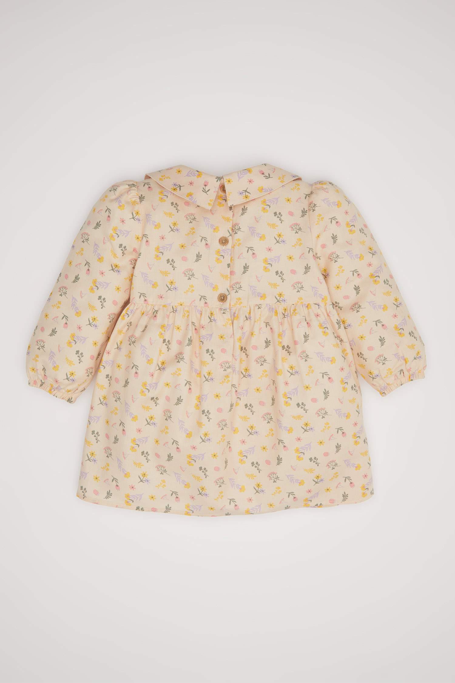 Kız Bebek Geniş Yaka Çiçek Desenli Uzun Kollu Twill Elbise