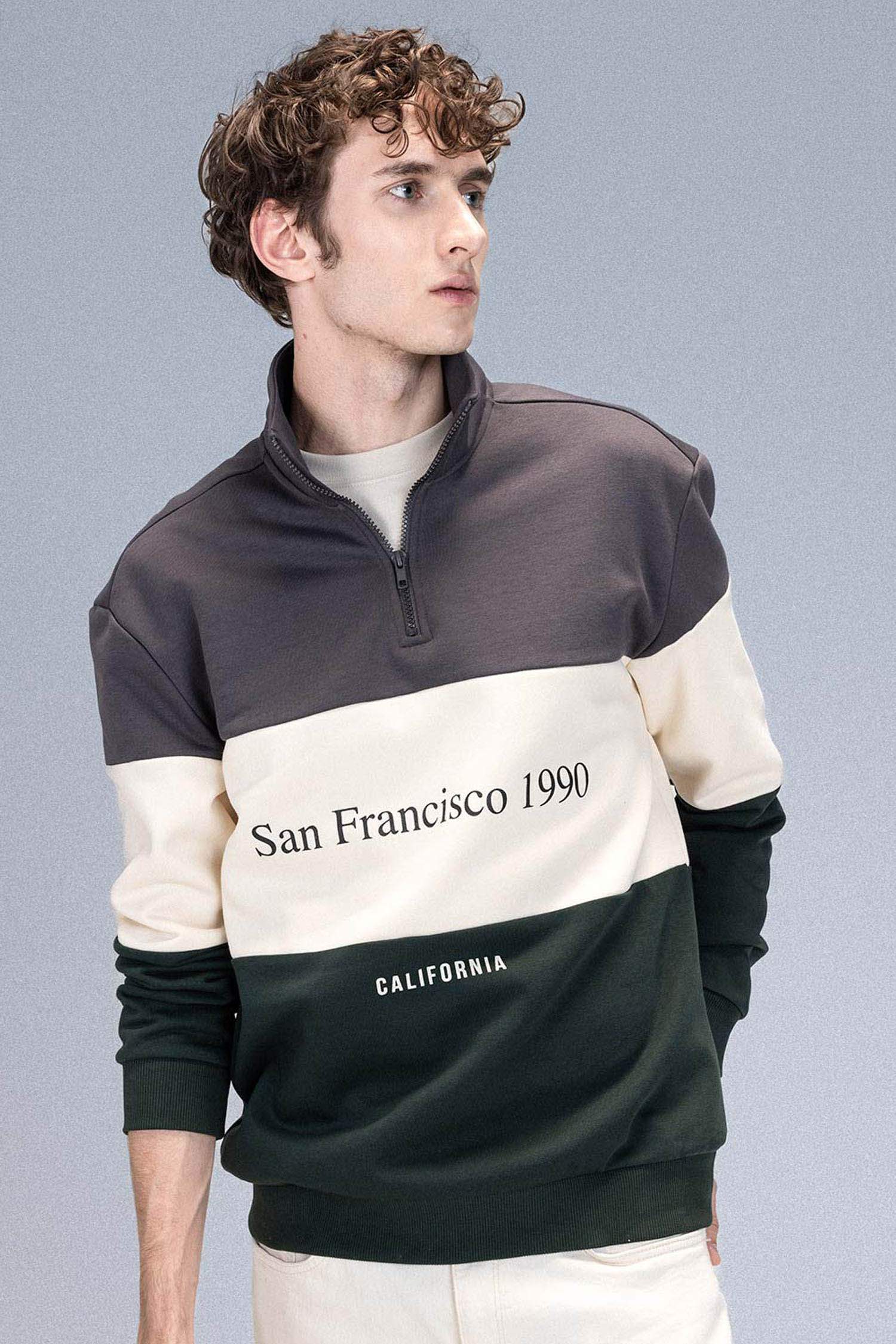 Relax Fit Dik Yaka Fermuarlı Baskılı Kalın Sweatshirt