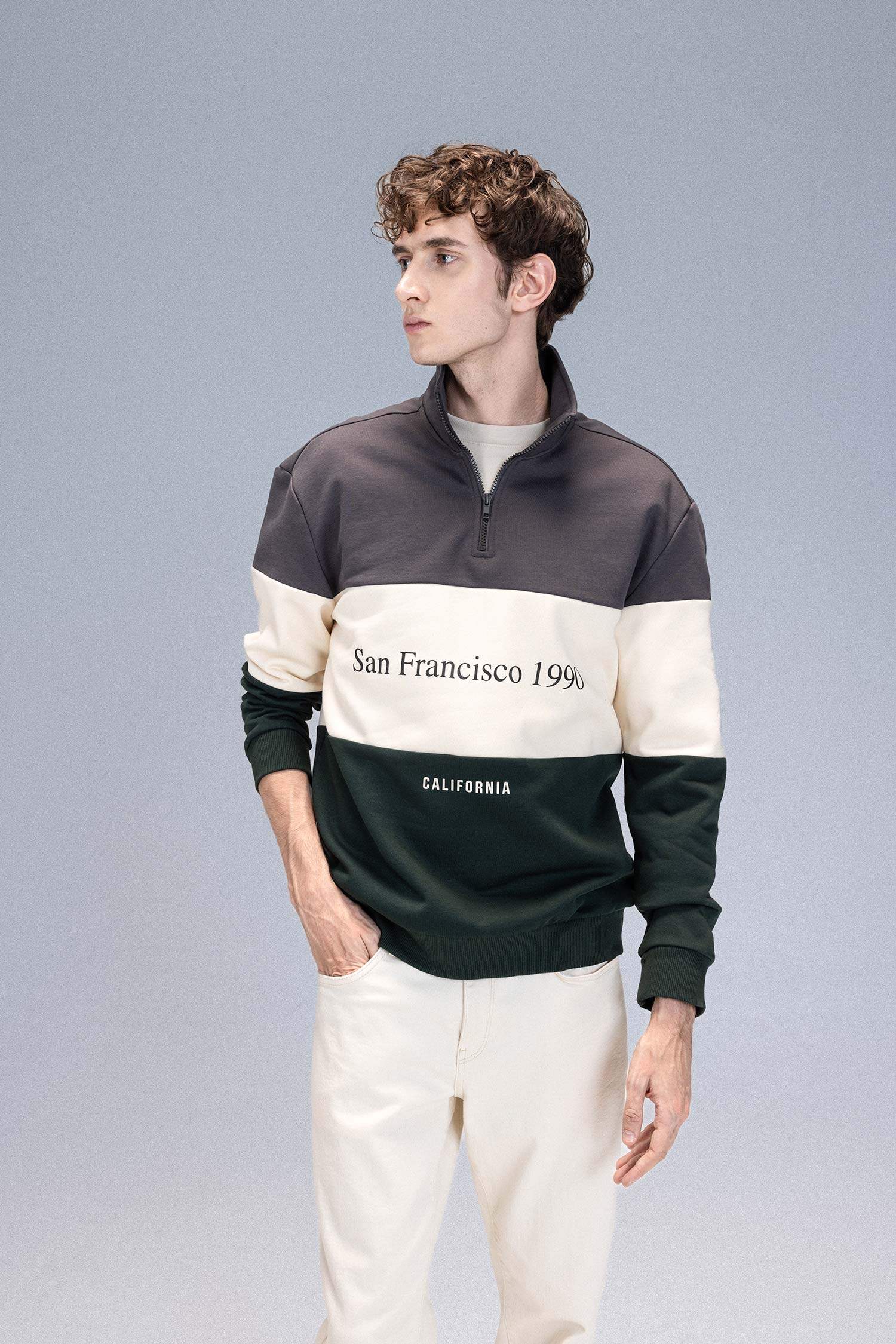 Relax Fit Dik Yaka Fermuarlı Baskılı Kalın Sweatshirt