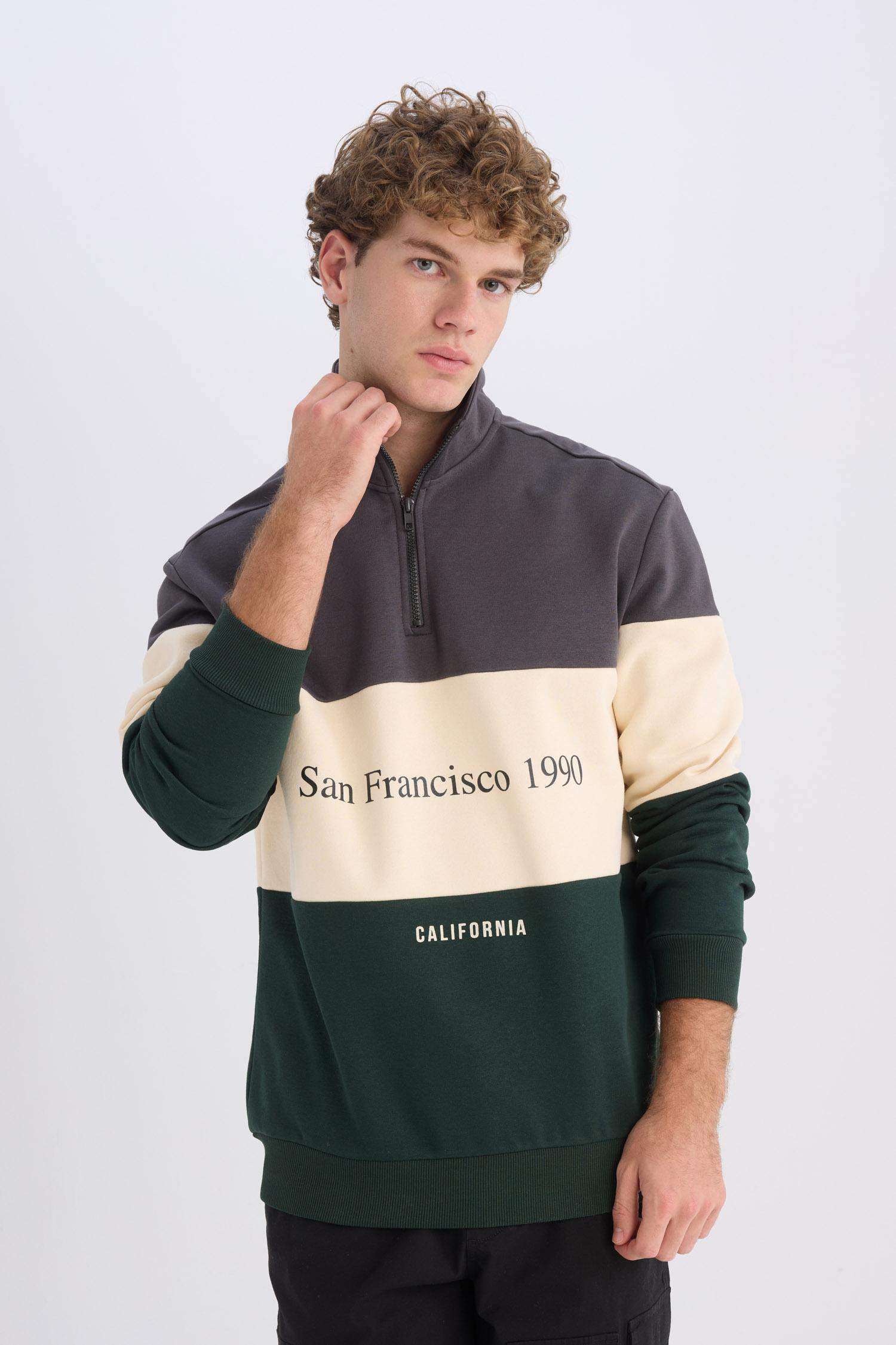 Relax Fit Dik Yaka Fermuarlı Baskılı Kalın Sweatshirt