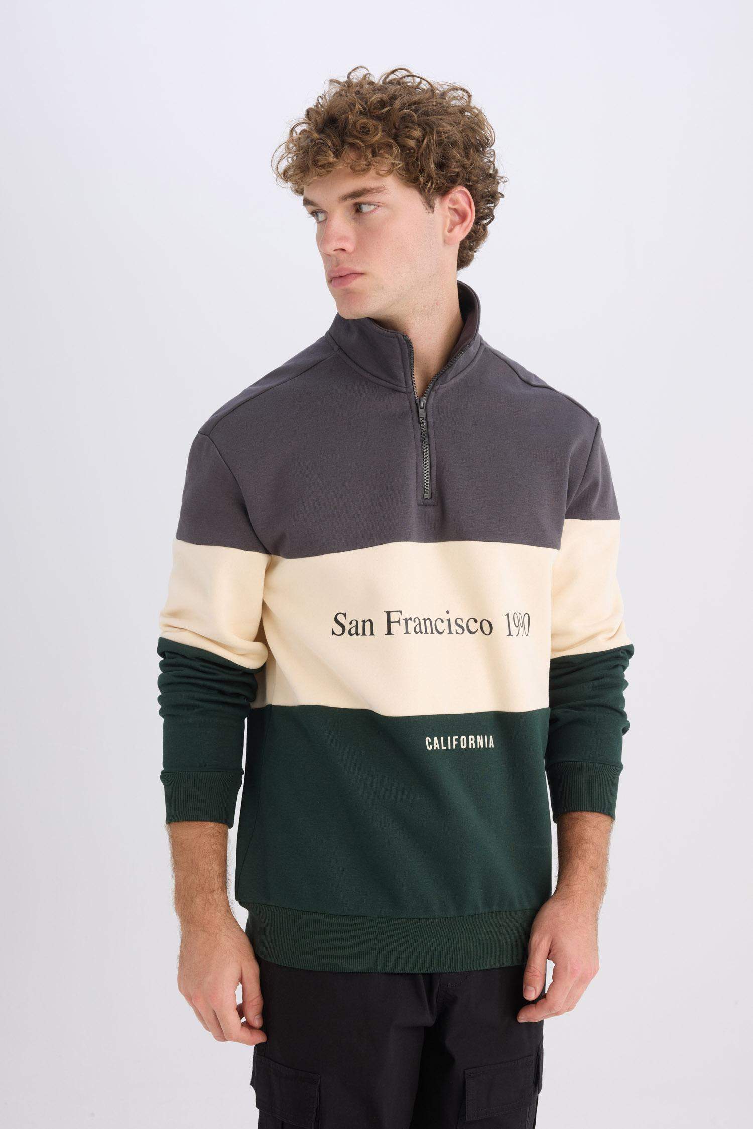 Relax Fit Dik Yaka Fermuarlı Baskılı Kalın Sweatshirt