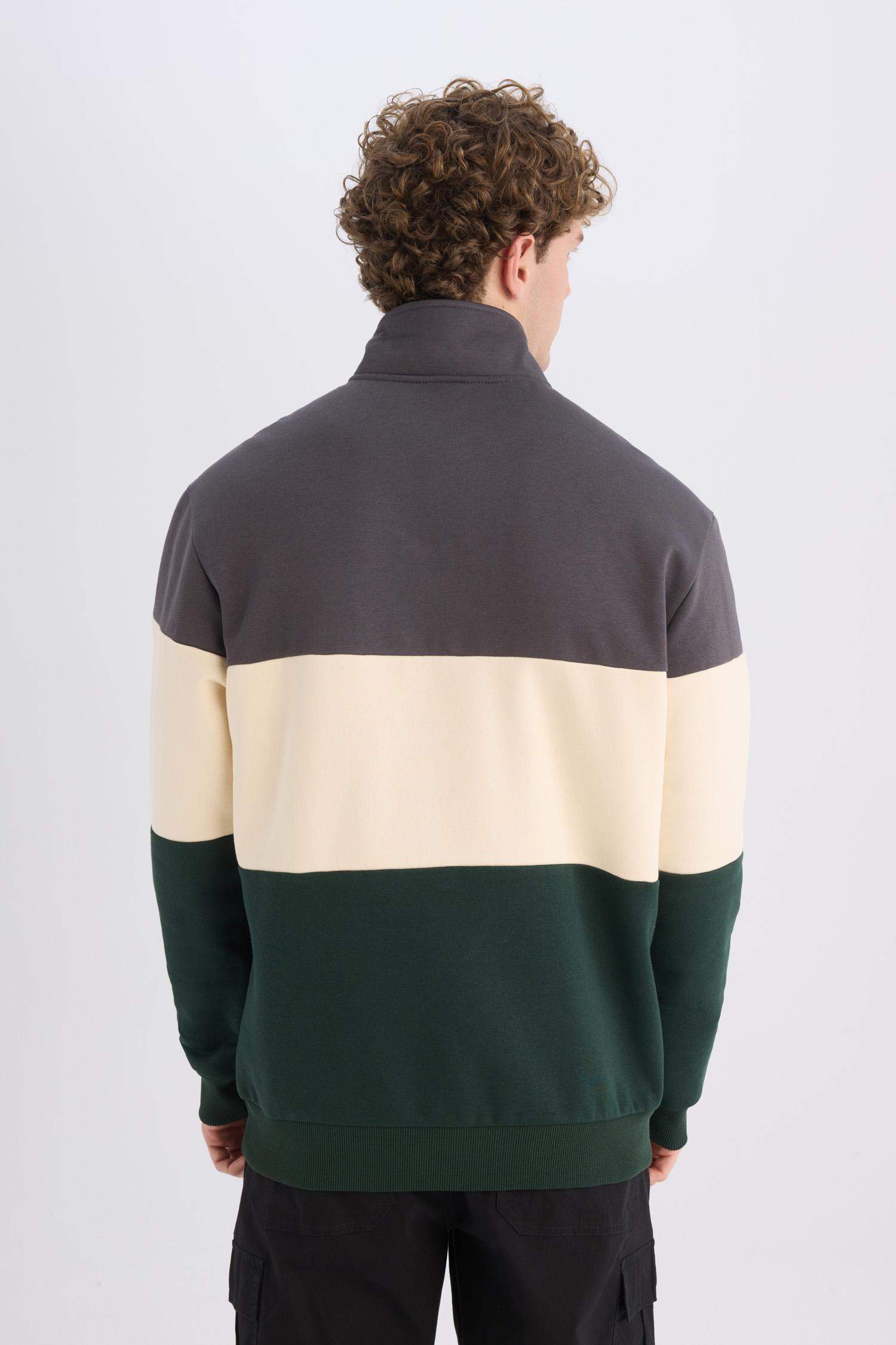 Relax Fit Dik Yaka Fermuarlı Baskılı Kalın Sweatshirt