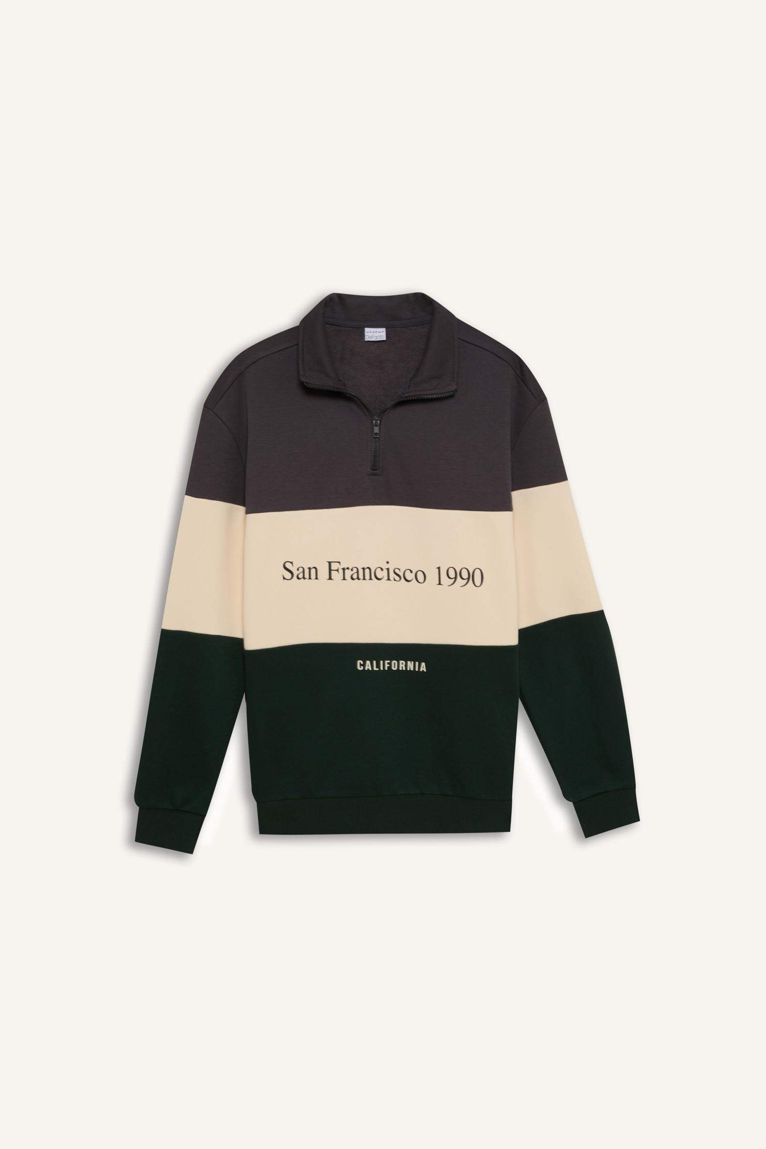 Relax Fit Dik Yaka Fermuarlı Baskılı Kalın Sweatshirt