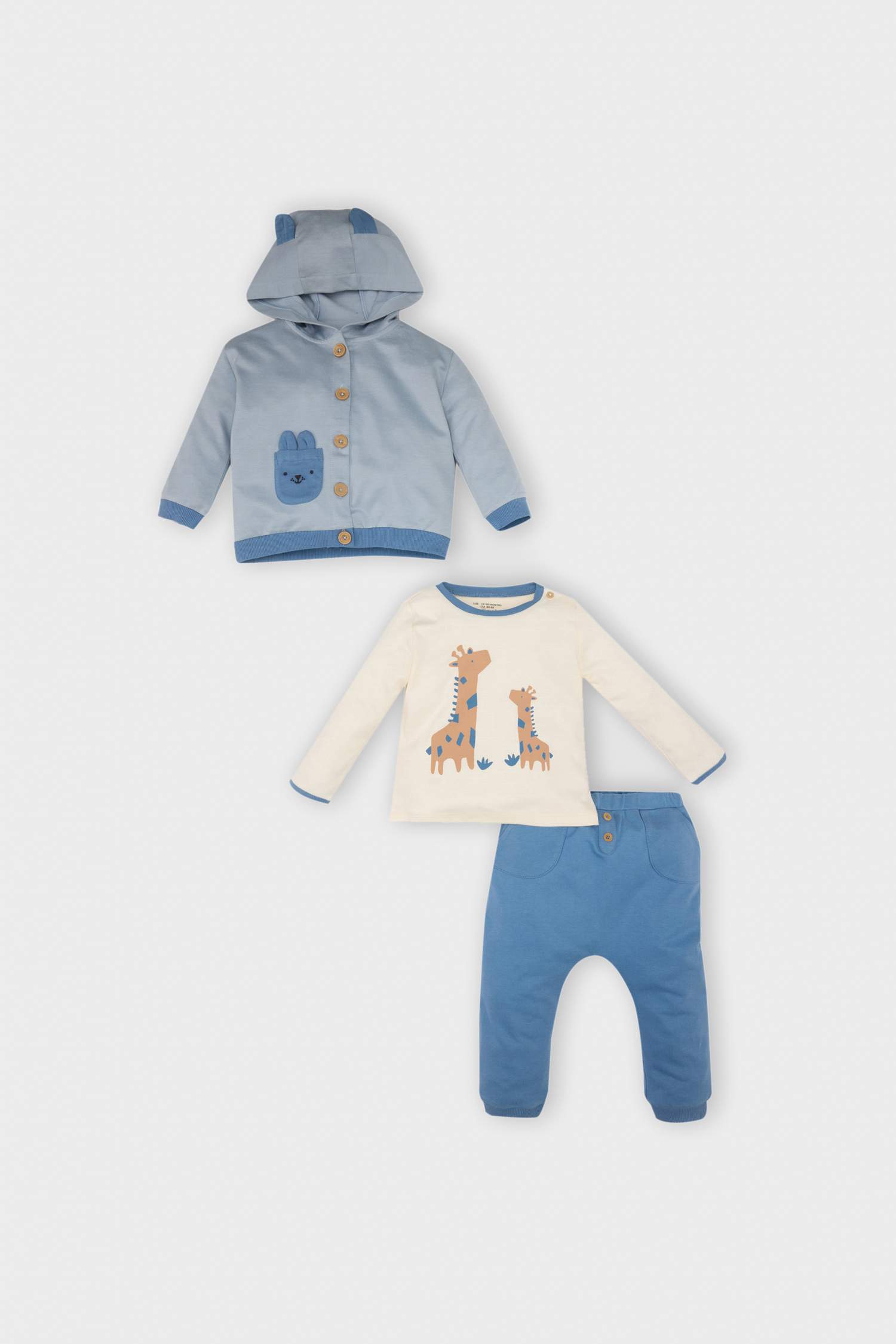 Erkek Bebek 3'lü Takım Zürafa Baskılı Uzun Kollu Tişört Kapüşonlu Sweatshirt Hırka Beli Lastikli Eşofman Altı