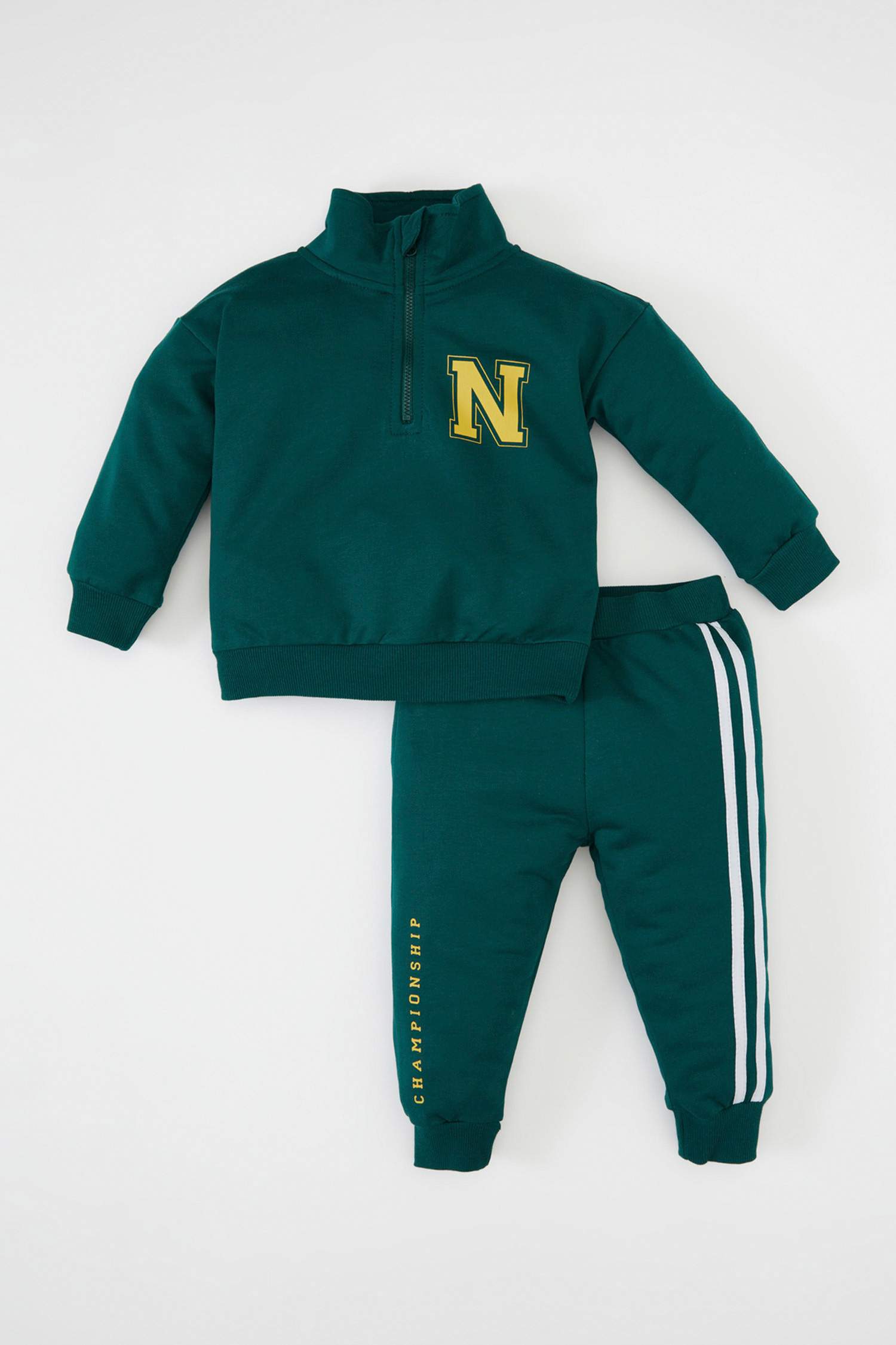 Erkek Bebek 2'li Takım Okul Baskılı Fermuarlı Dik Yaka Sweatshirt Beli Lastikli Jogger Eşofman Altı