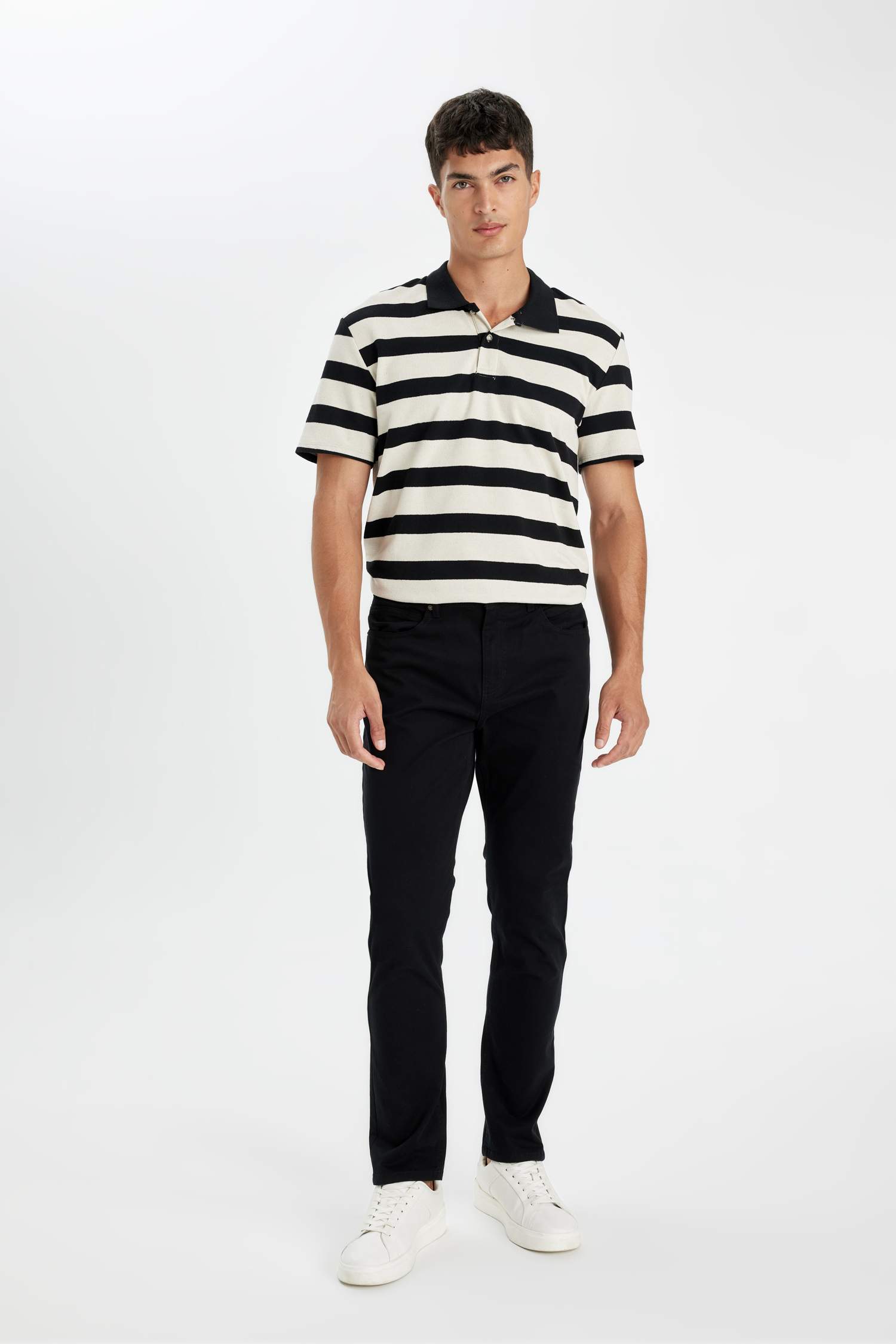 New Regular Fit Polo Yaka Çizgili Kısa Kollu Tişört