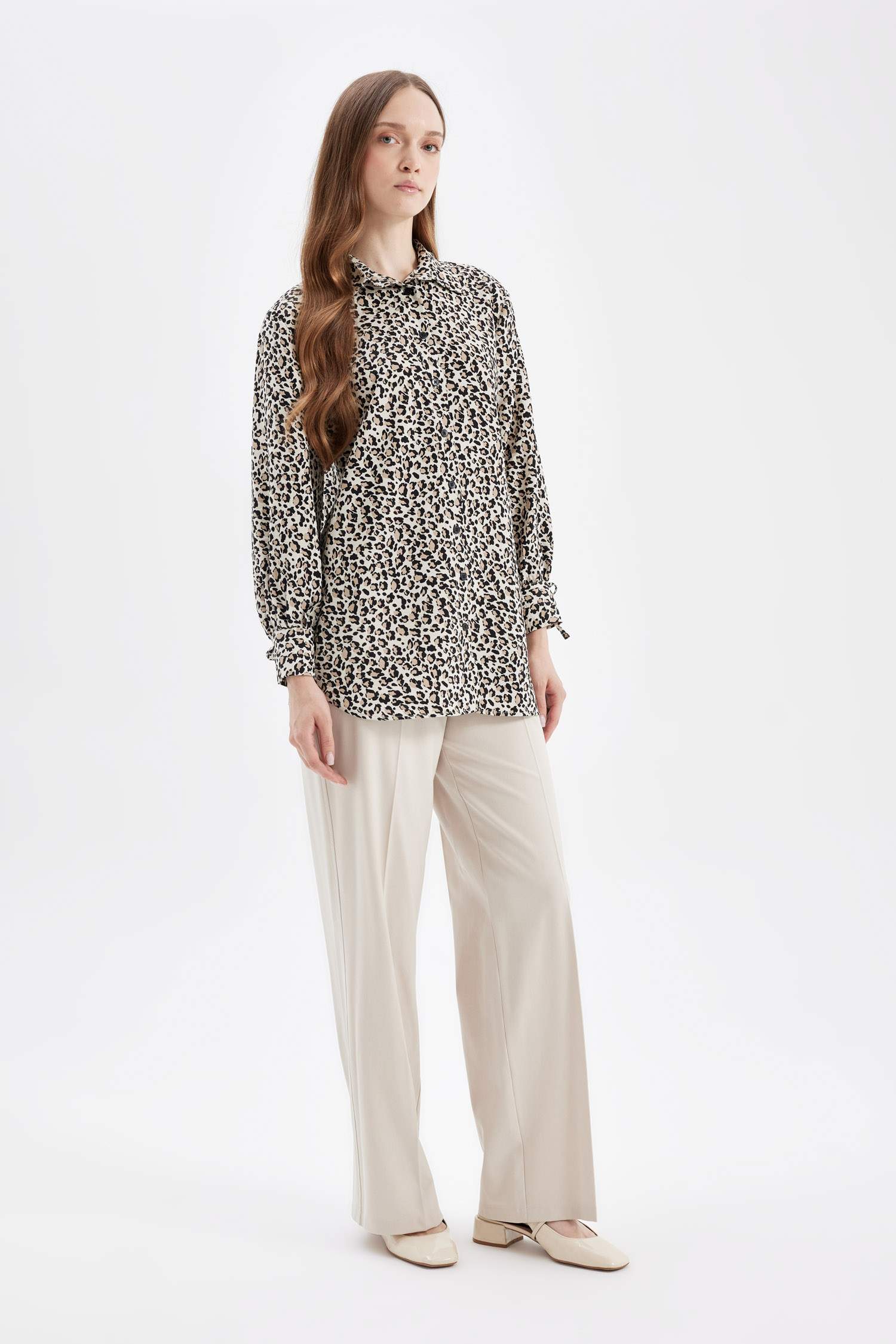 Relax Fit Leopar Desenli Uzun Kollu Gömlek Tunik