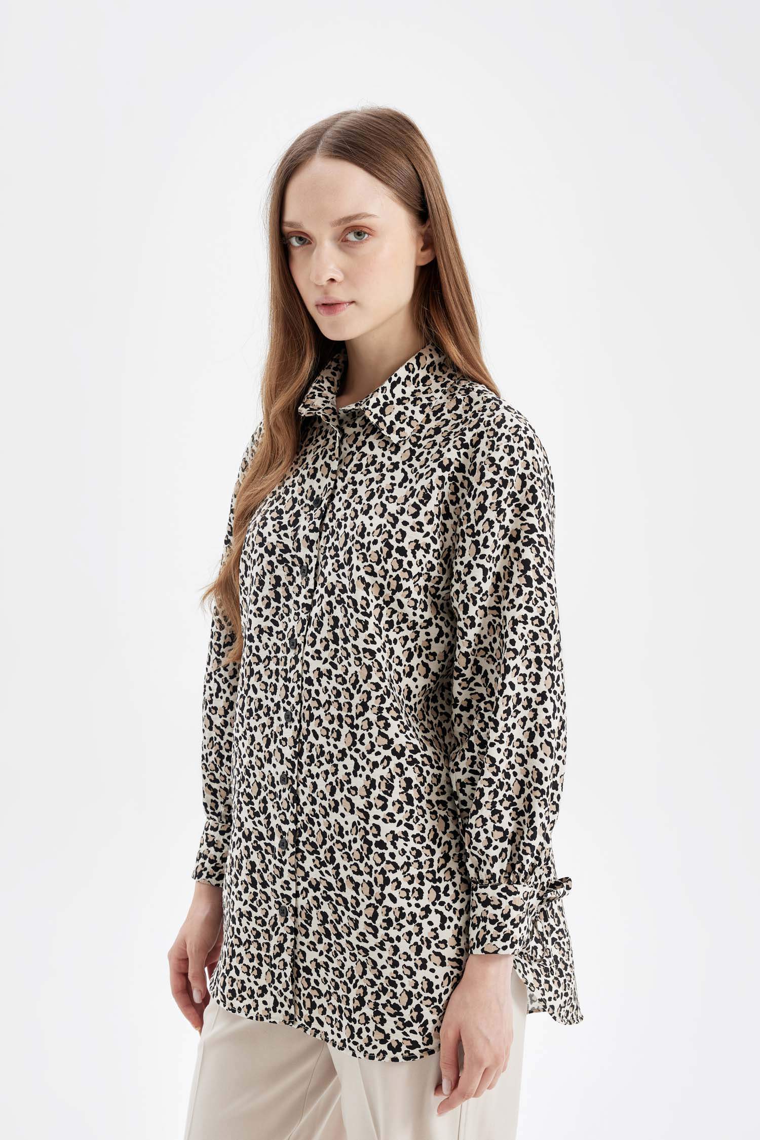 Relax Fit Leopar Desenli Uzun Kollu Gömlek Tunik