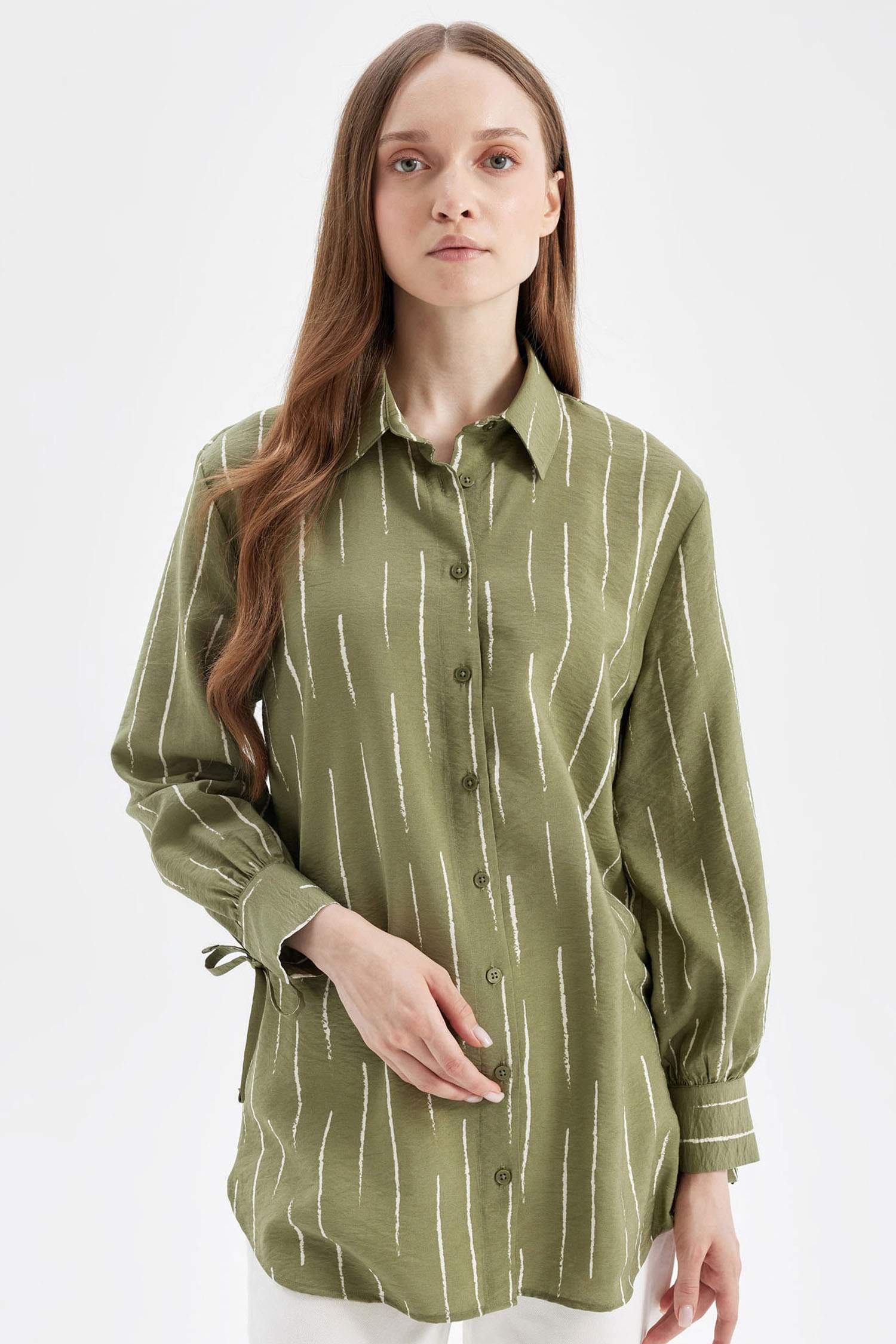 Relax Fit Gömlek Yaka Çizgili Uzun Kollu Gömlek Tunik