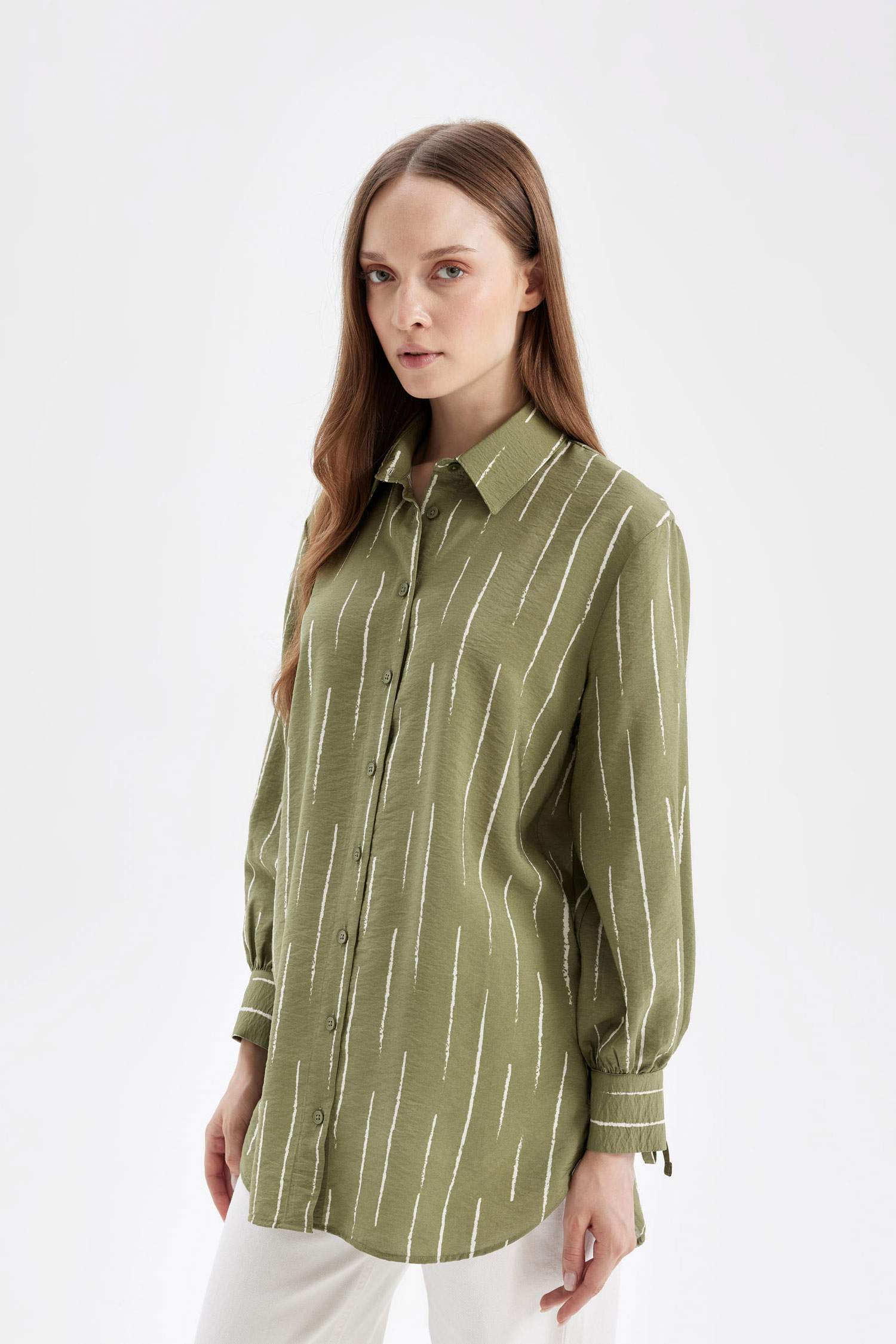 Relax Fit Gömlek Yaka Çizgili Uzun Kollu Gömlek Tunik