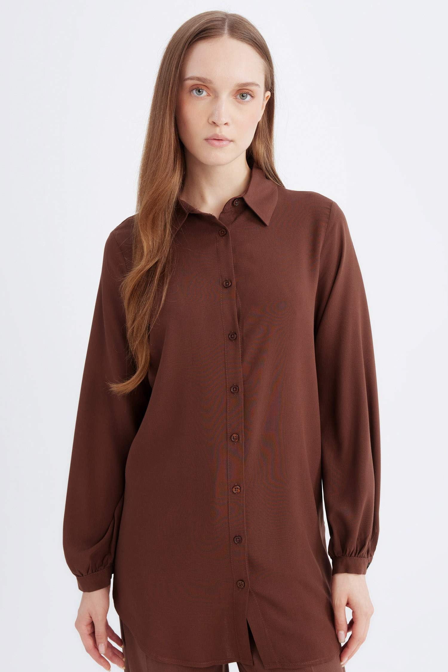 Regular Fit Basic Düz Viskon Uzun Kollu Gömlek Tunik