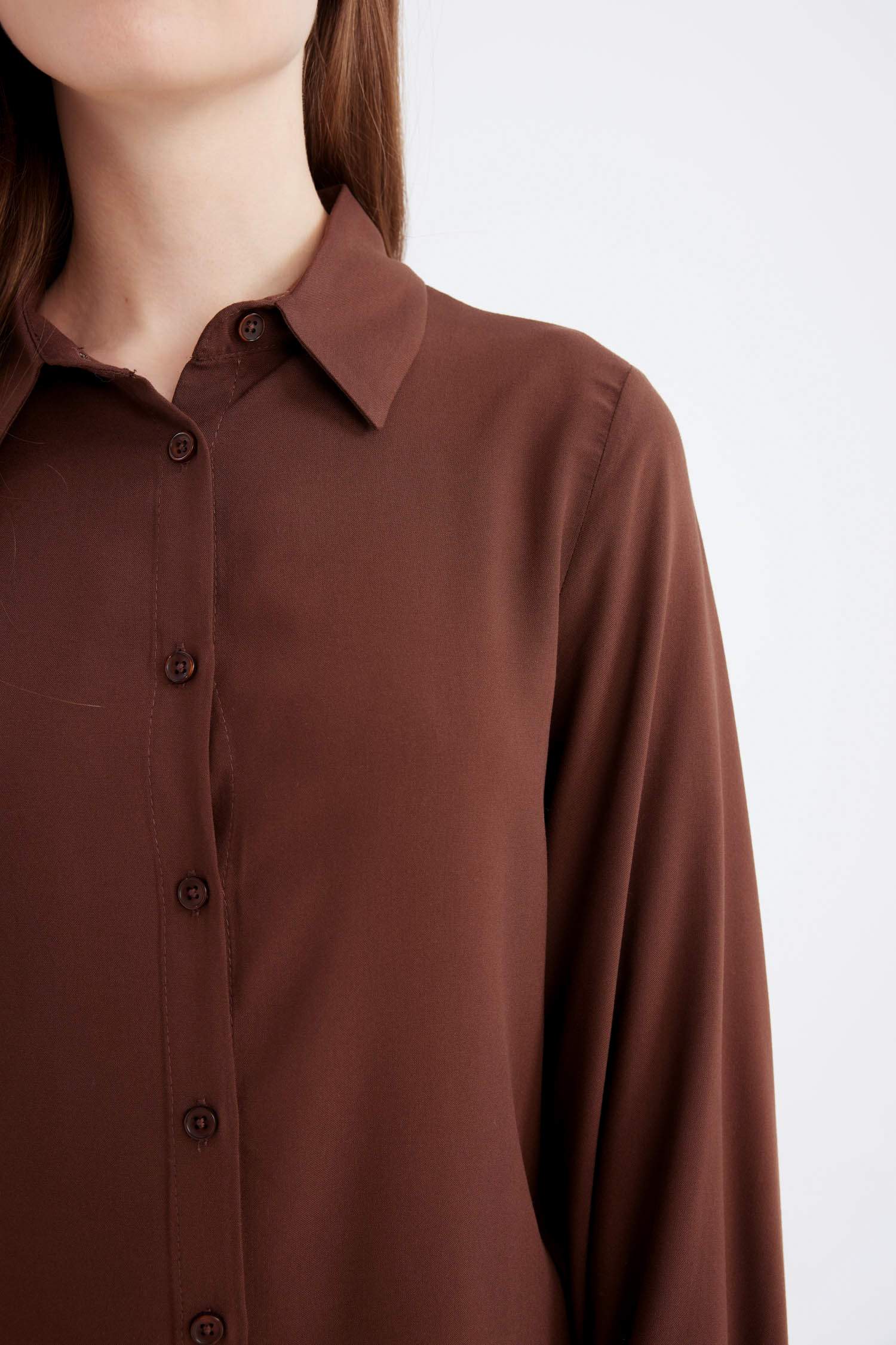 Regular Fit Basic Düz Viskon Uzun Kollu Gömlek Tunik