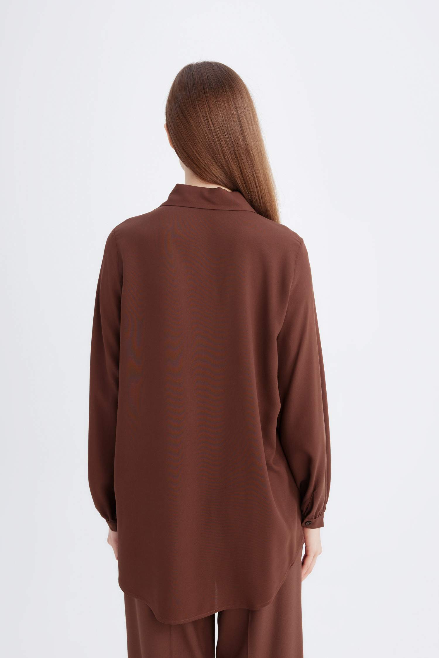 Regular Fit Basic Düz Viskon Uzun Kollu Gömlek Tunik