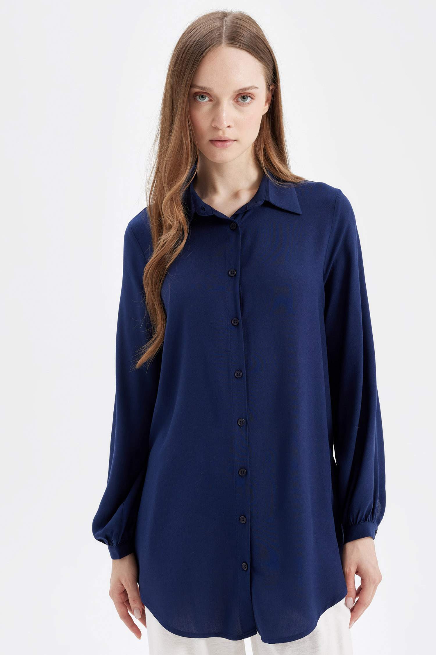 Regular Fit Basic Düz Viskon Uzun Kollu Gömlek Tunik