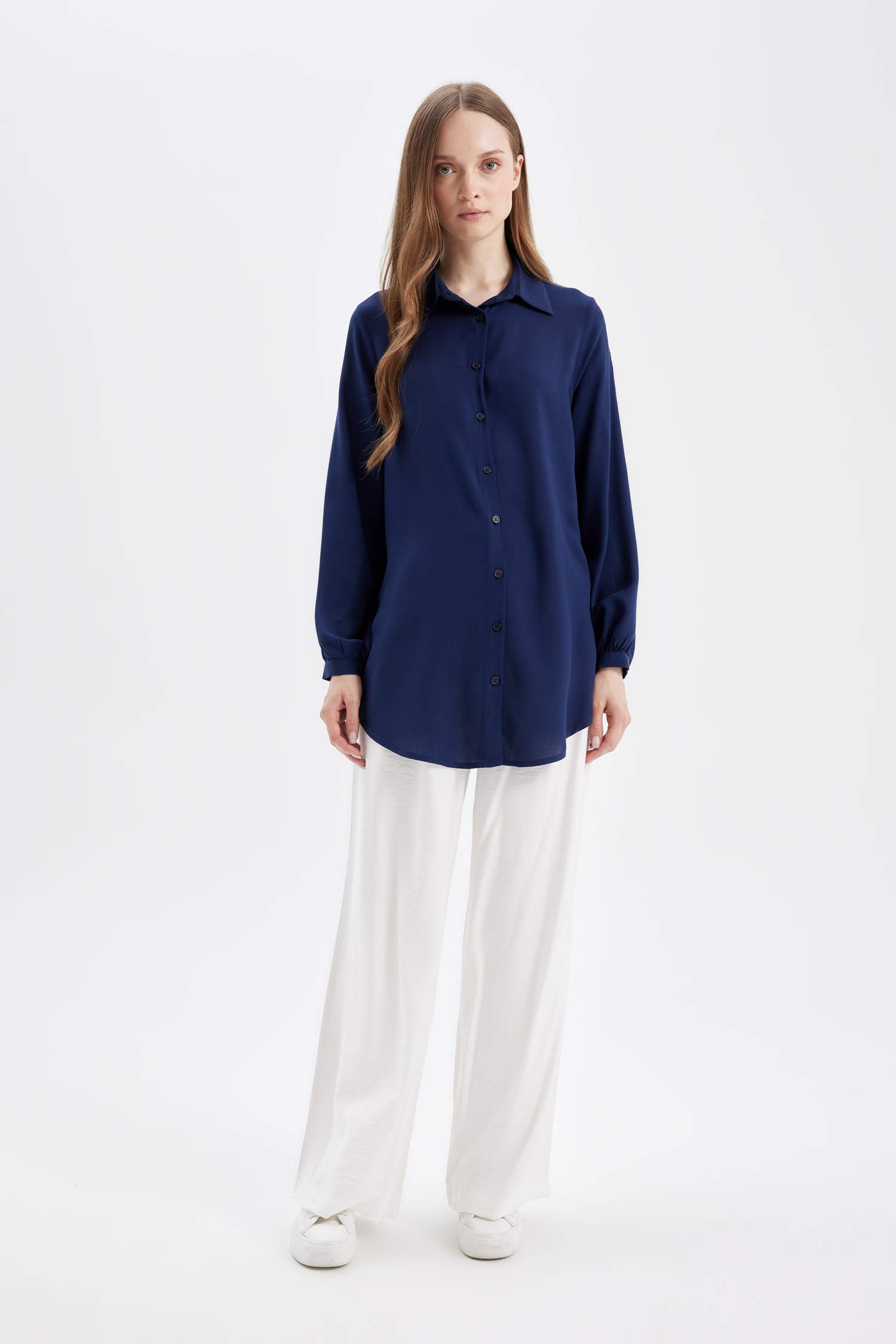 Regular Fit Basic Düz Viskon Uzun Kollu Gömlek Tunik