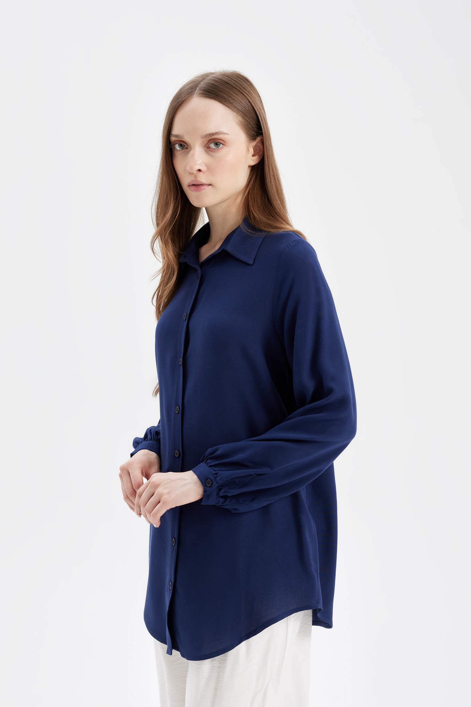 Regular Fit Basic Düz Viskon Uzun Kollu Gömlek Tunik