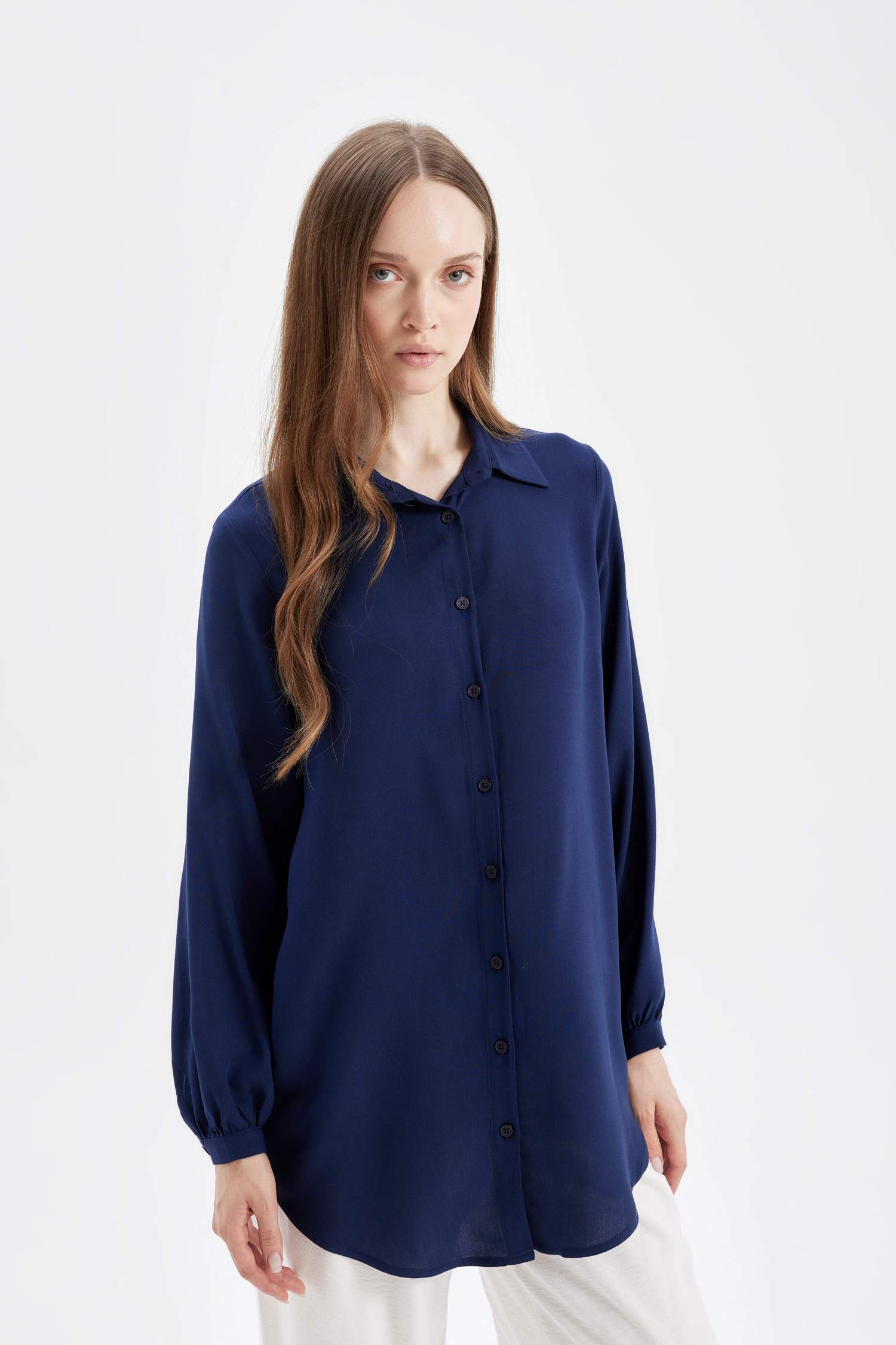 Regular Fit Basic Düz Viskon Uzun Kollu Gömlek Tunik