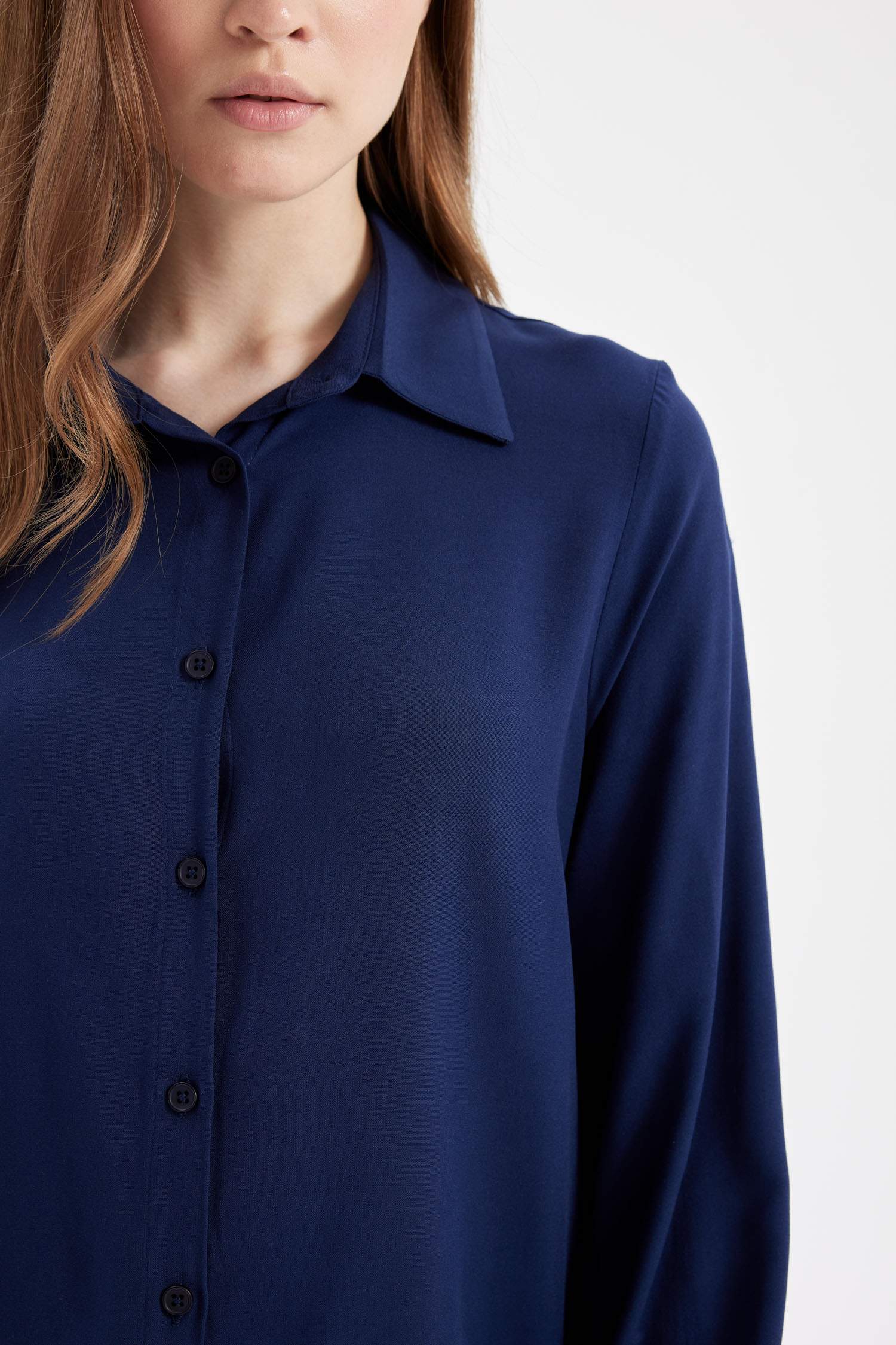 Regular Fit Basic Düz Viskon Uzun Kollu Gömlek Tunik