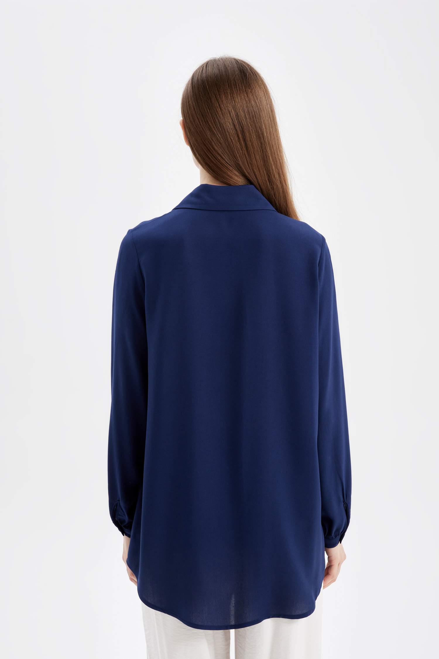 Regular Fit Basic Düz Viskon Uzun Kollu Gömlek Tunik