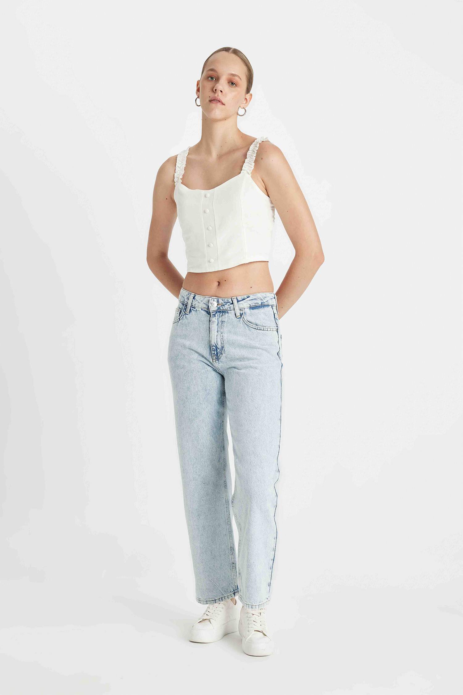 Straight Fit Normal Bel Bilek Boy Jean Yıkamalı Pantolon