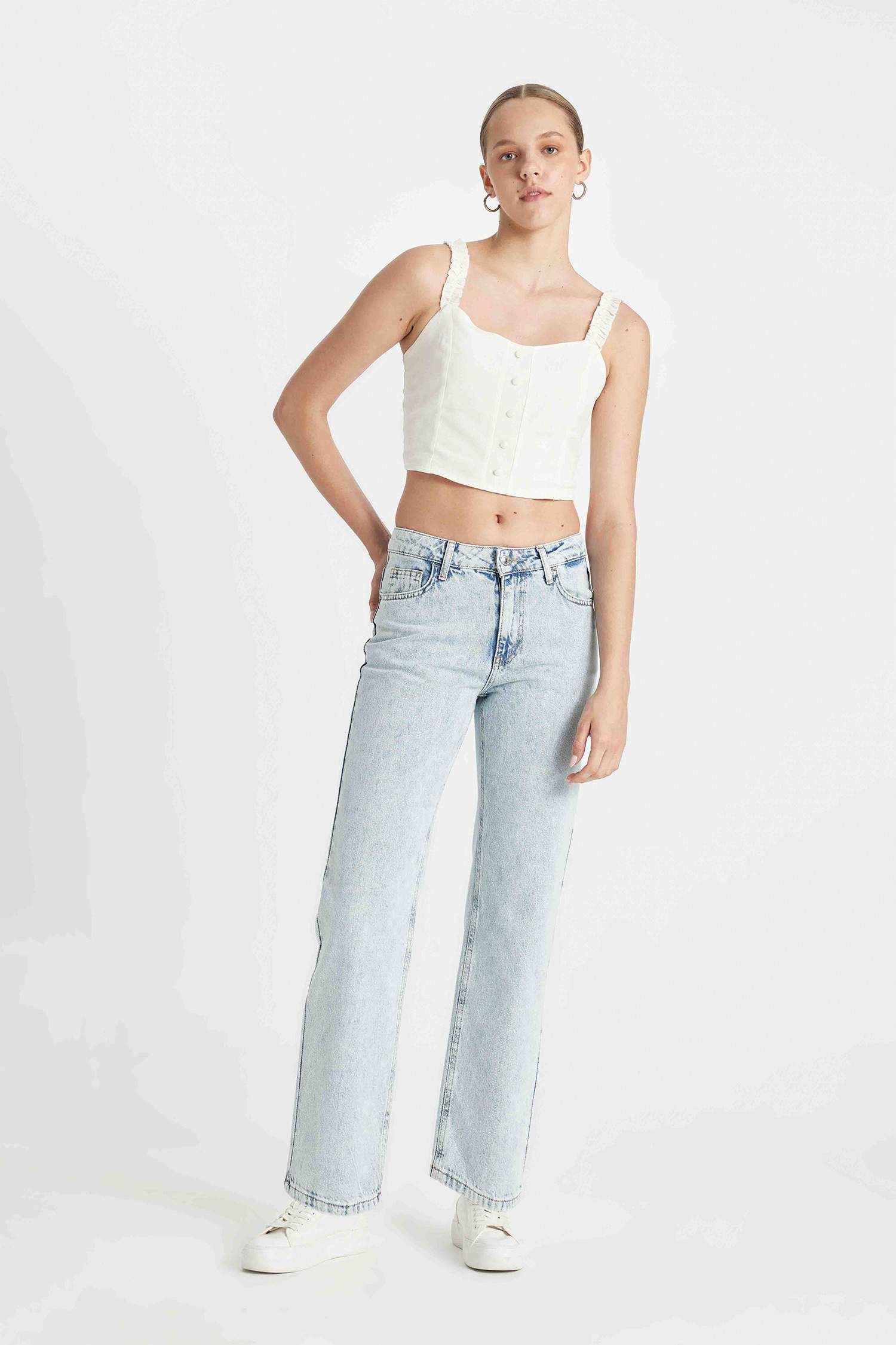 Straight Fit Normal Bel Bilek Boy Jean Yıkamalı Pantolon