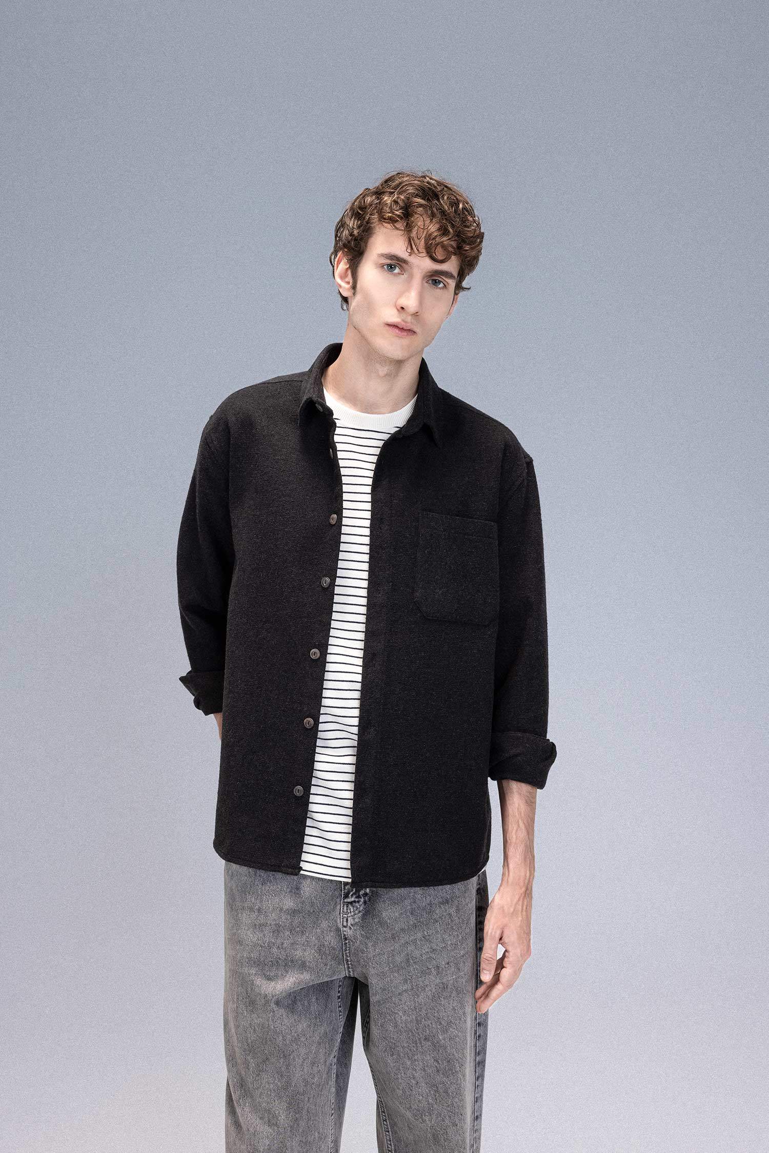 Regular Fit Polo Yaka Basic Düz Pamuk Karışımlı Uzun Kollu Gömlek