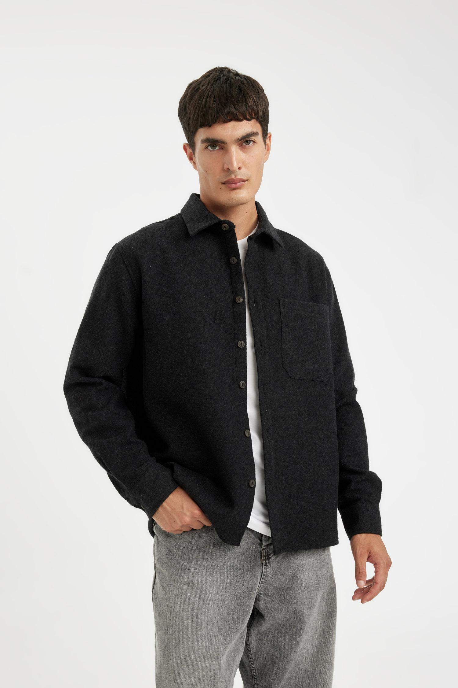 Regular Fit Polo Yaka Basic Düz Pamuk Karışımlı Uzun Kollu Gömlek