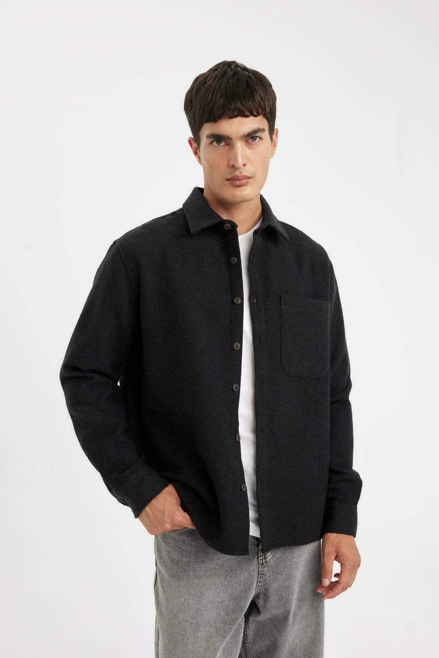 Regular Fit Polo Yaka Basic Düz Pamuk Karışımlı Uzun Kollu Gömlek