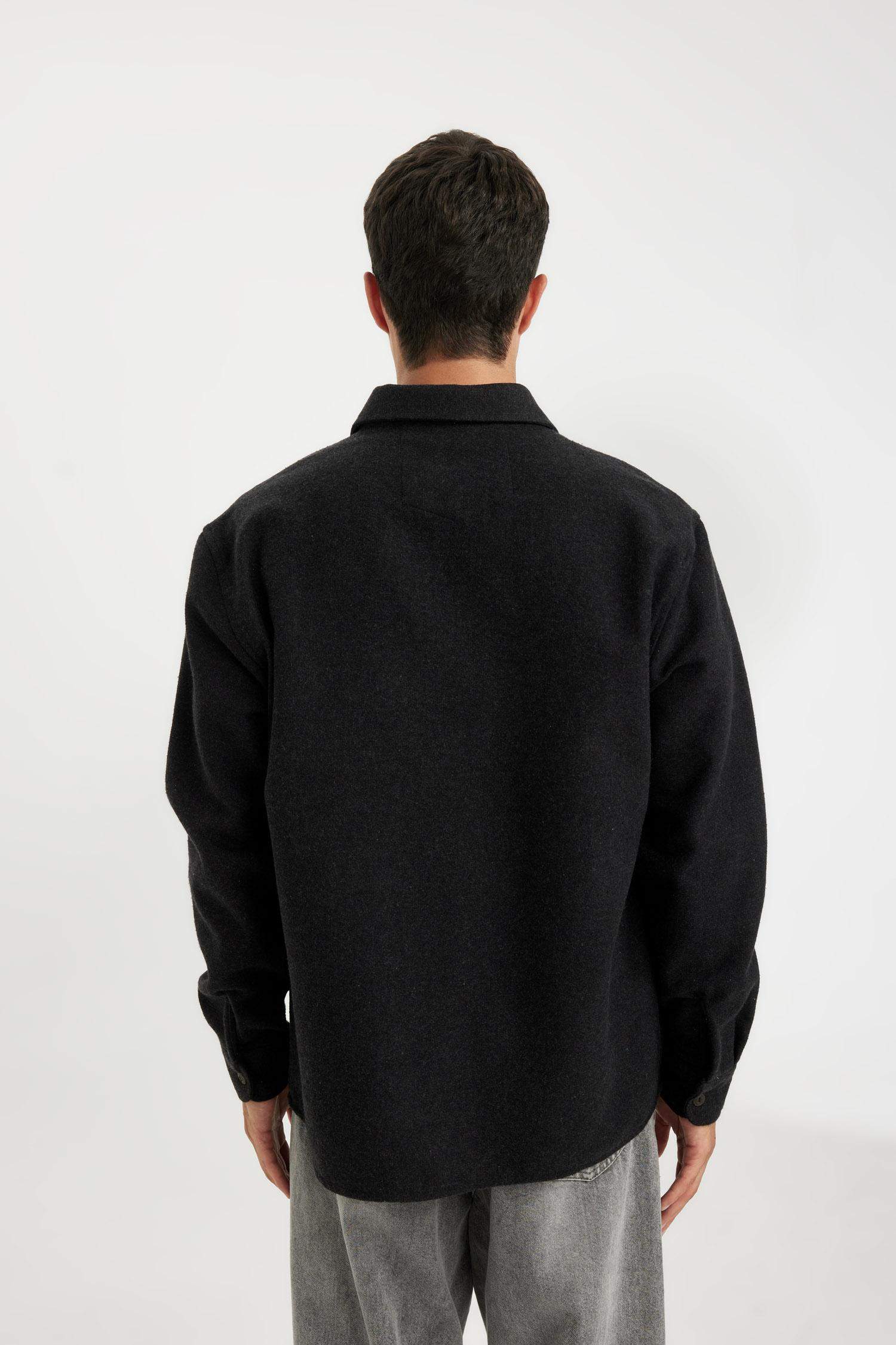 Regular Fit Polo Yaka Basic Düz Pamuk Karışımlı Uzun Kollu Gömlek