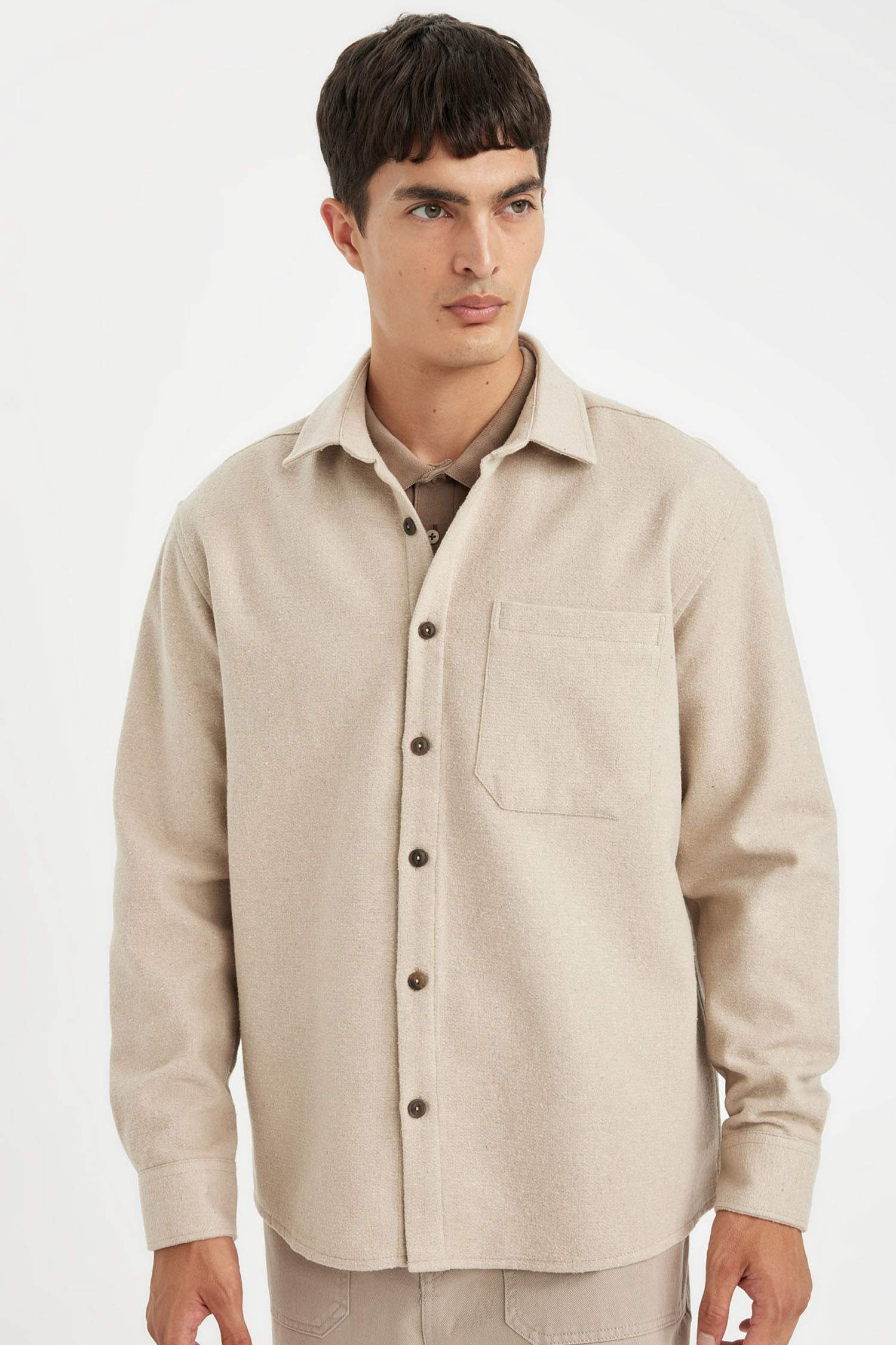 Regular Fit Polo Yaka Basic Düz Pamuk Karışımlı Uzun Kollu Gömlek