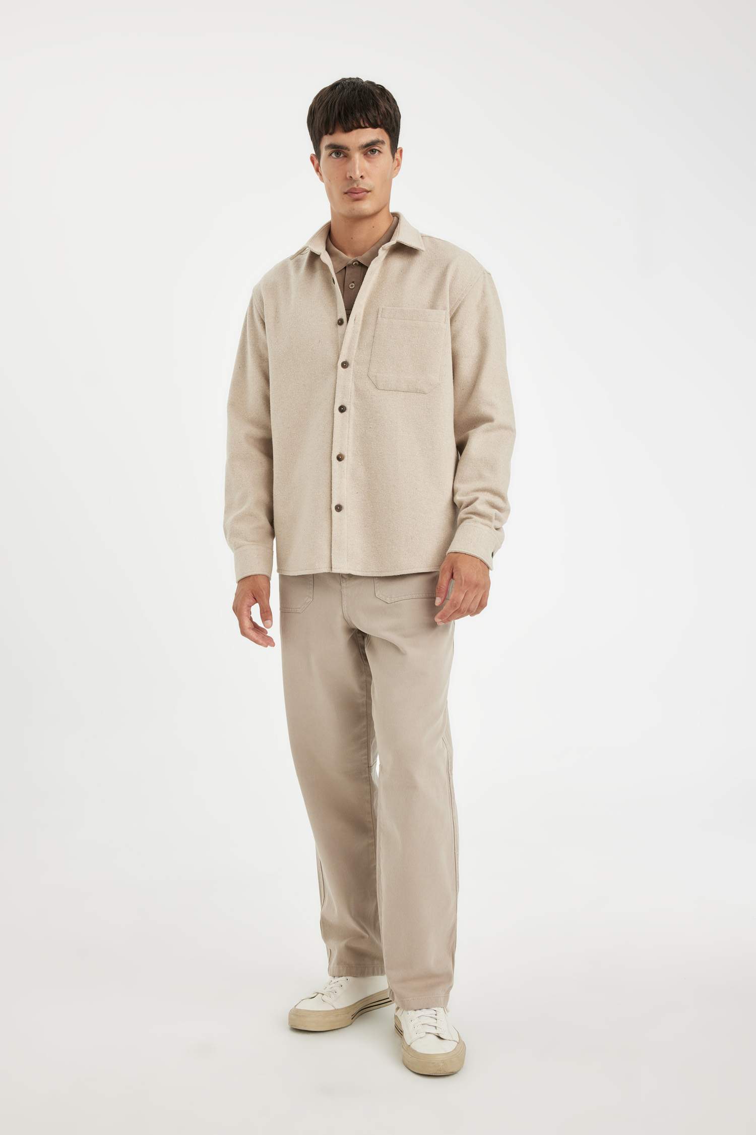 Regular Fit Polo Yaka Basic Düz Pamuk Karışımlı Uzun Kollu Gömlek