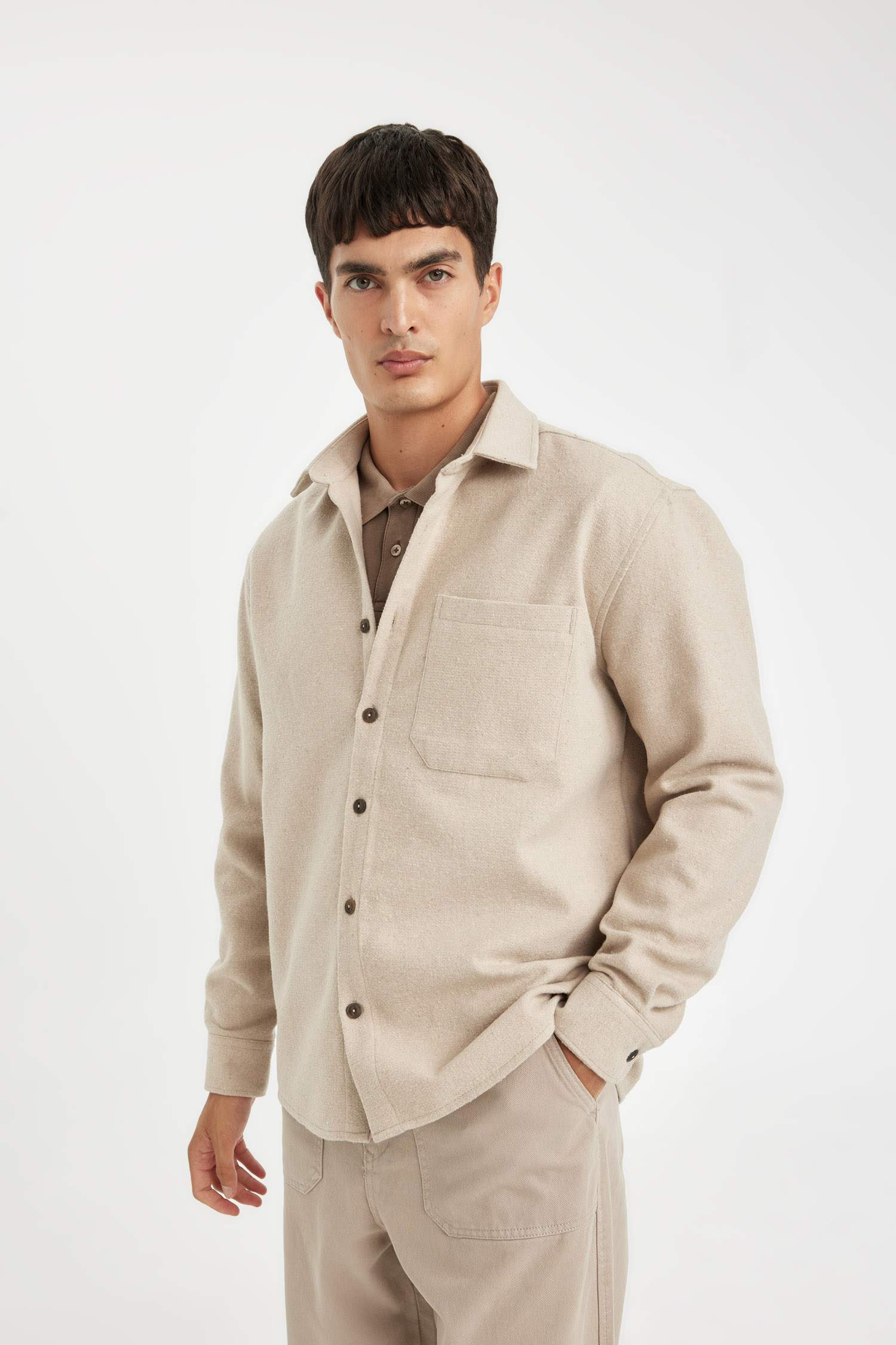 Regular Fit Polo Yaka Basic Düz Pamuk Karışımlı Uzun Kollu Gömlek