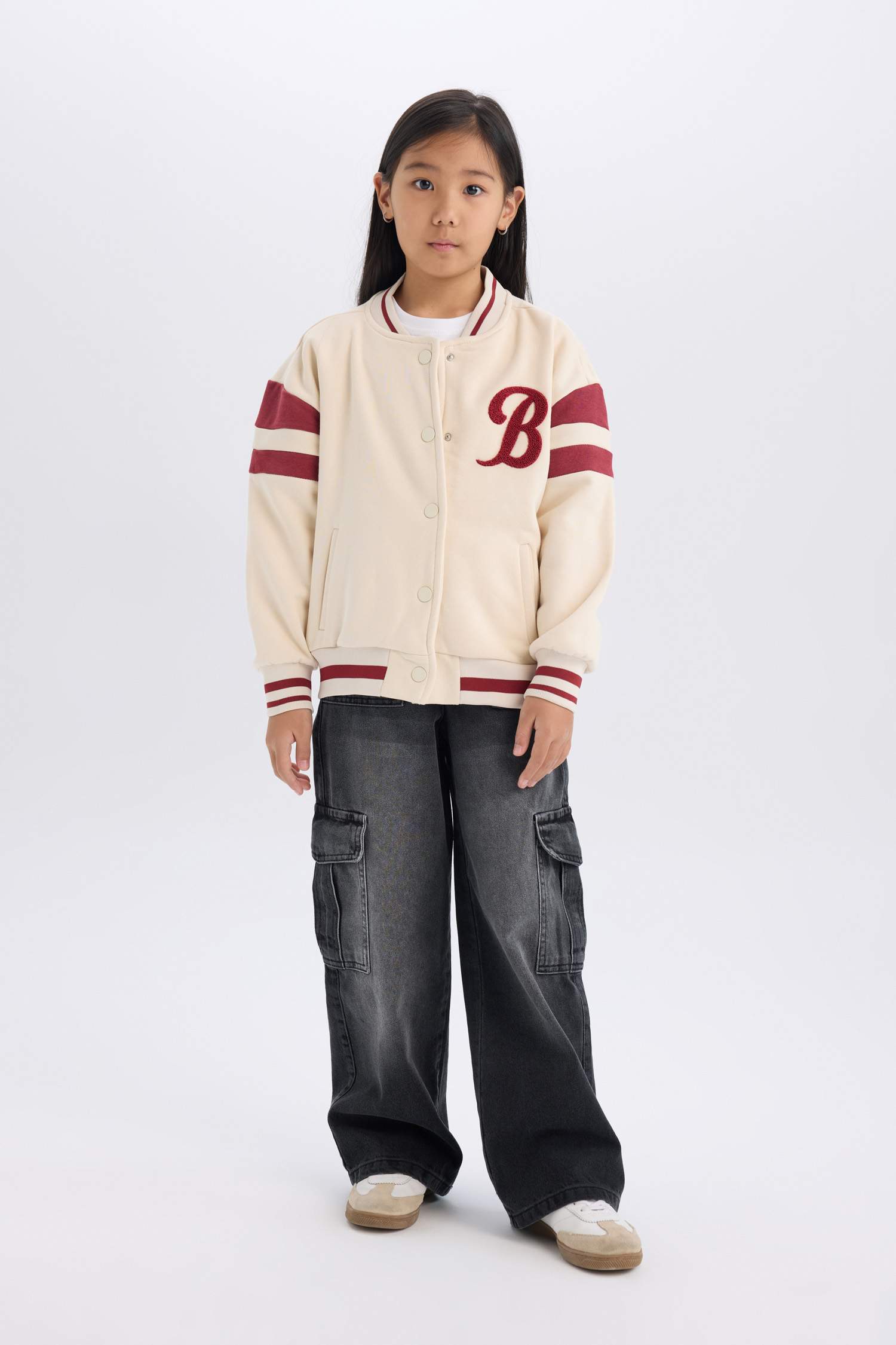 Kız Çocuk Baskılı Kolej Yaka Çıtçıtlı Çift Cepli Mevsimlik İçi Yumuşak Tüylü Bomber Ceket