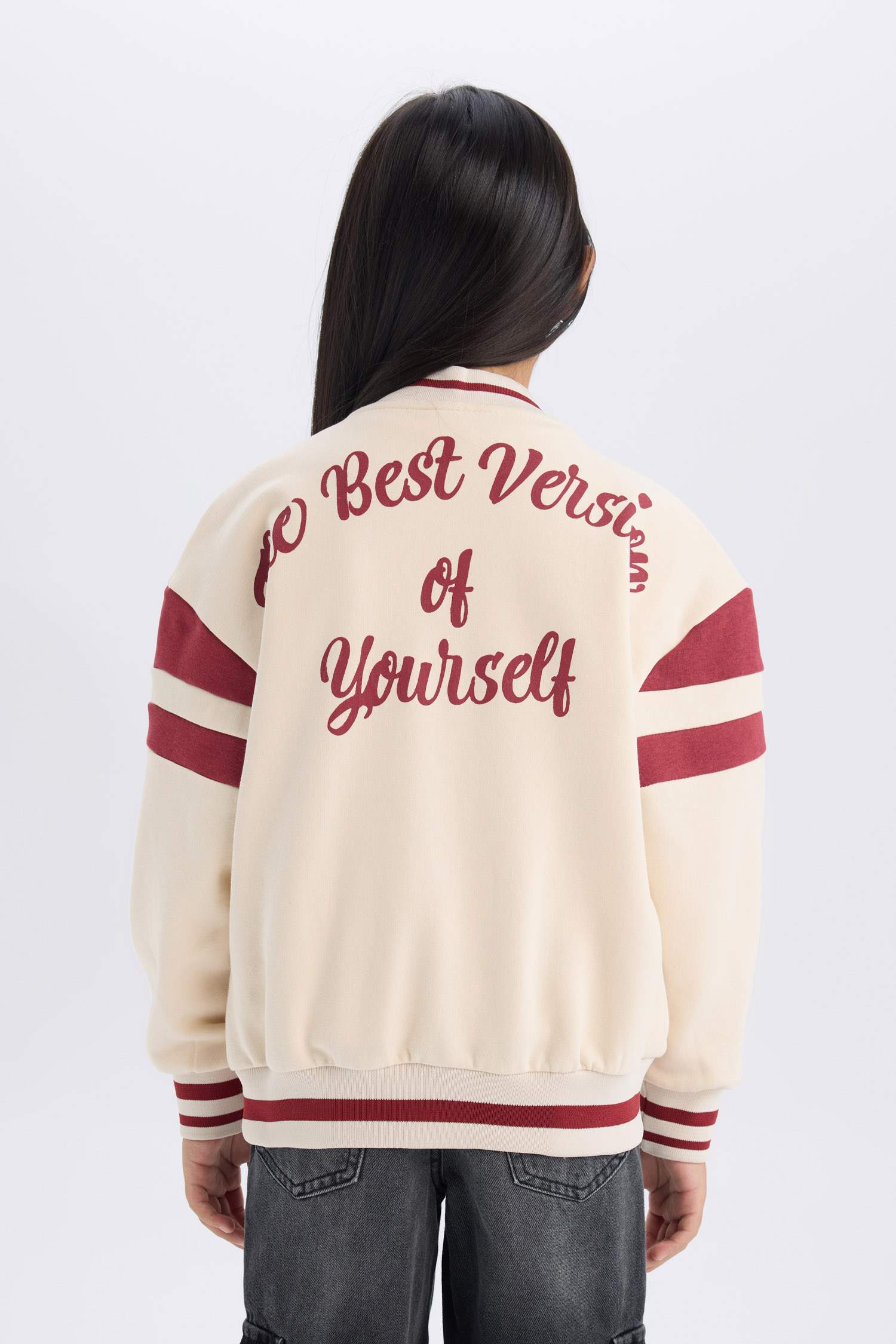 Kız Çocuk Baskılı Kolej Yaka Çıtçıtlı Çift Cepli Mevsimlik İçi Yumuşak Tüylü Bomber Ceket