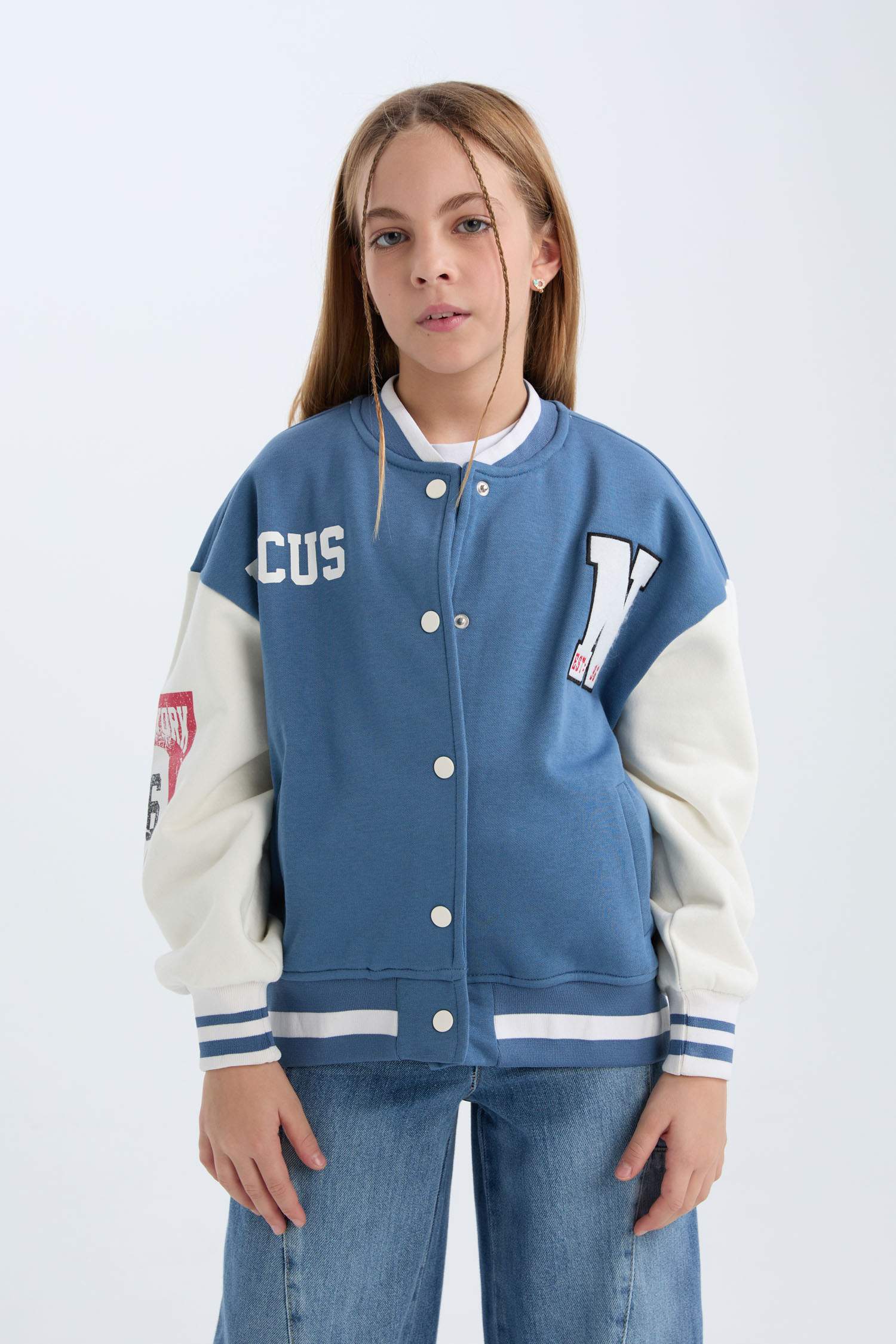 Kız Çocuk Baskılı Kolej Yaka Çıtçıtlı İçi Yumuşak Tüylü Bomber Ceket