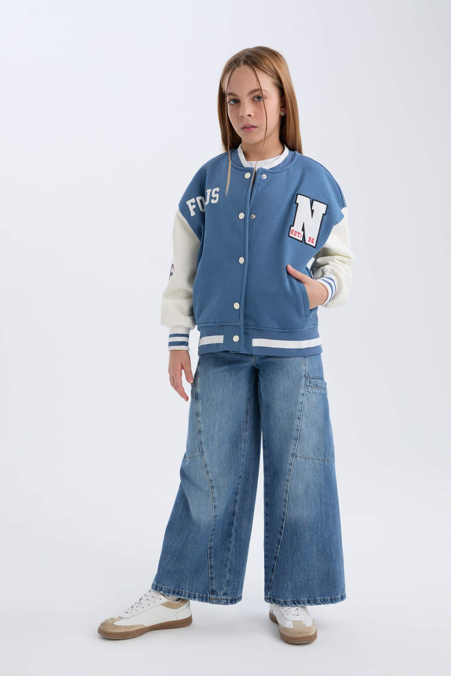 Kız Çocuk Baskılı Kolej Yaka Çıtçıtlı İçi Yumuşak Tüylü Bomber Ceket