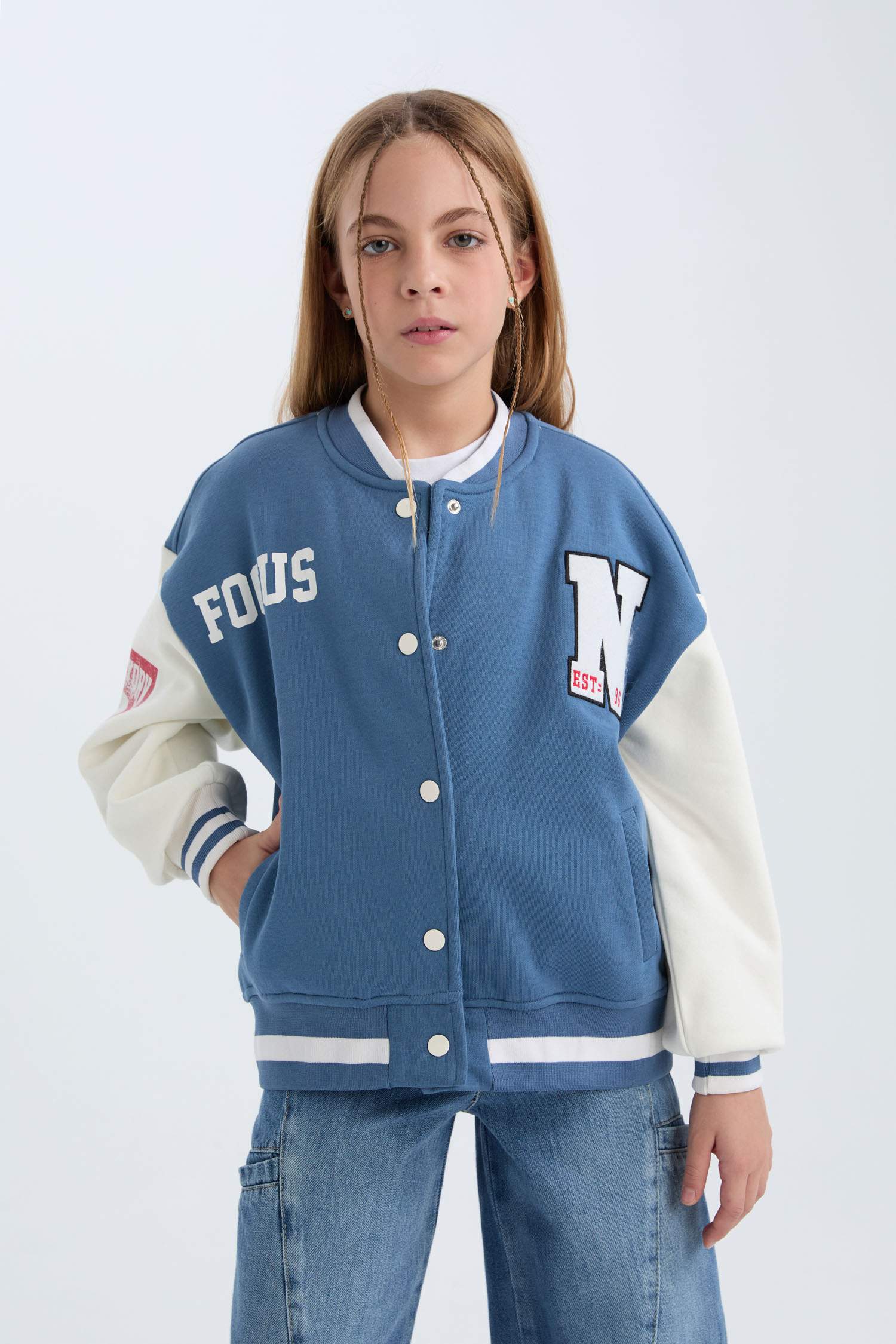 Kız Çocuk Baskılı Kolej Yaka Çıtçıtlı İçi Yumuşak Tüylü Bomber Ceket