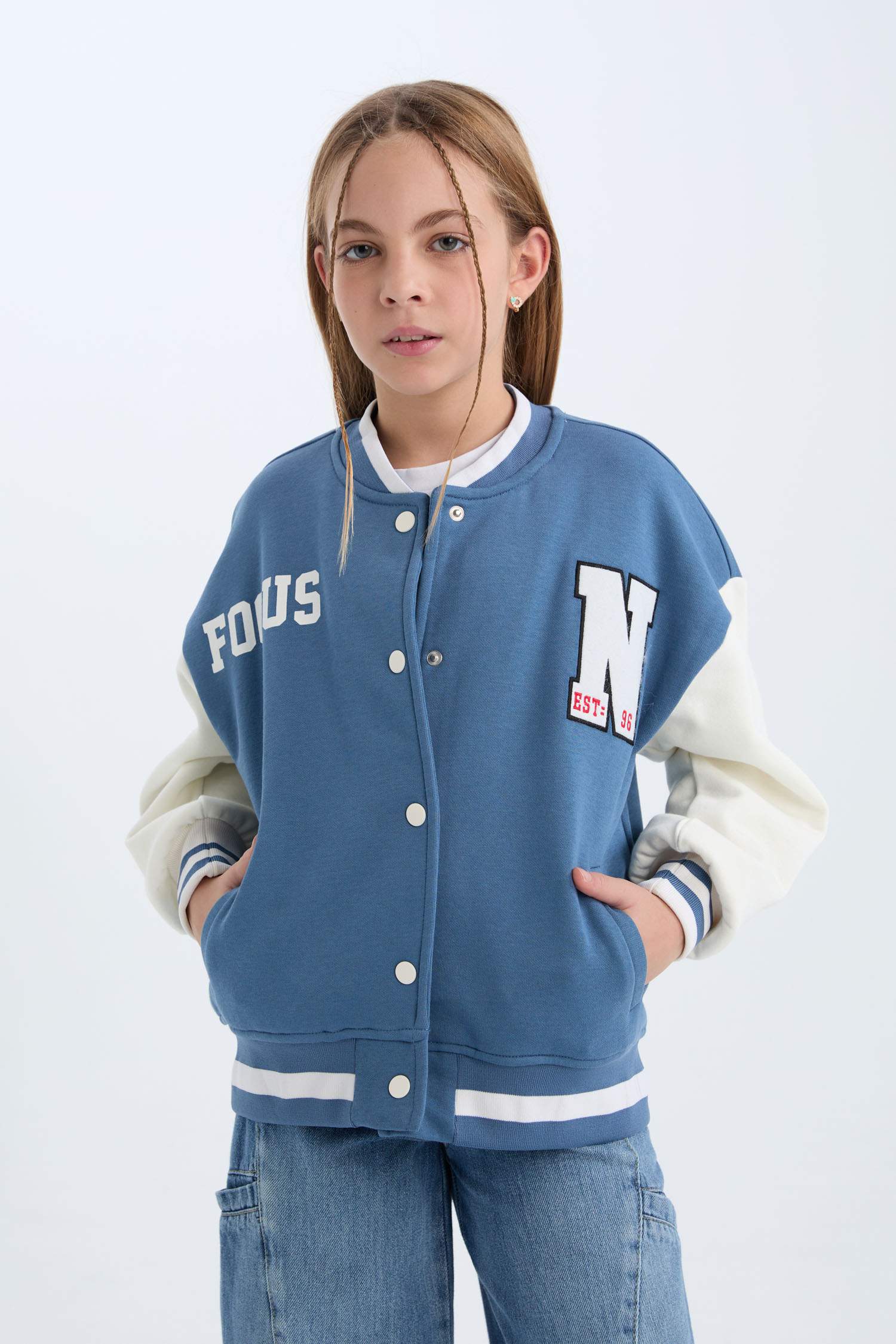 Kız Çocuk Baskılı Kolej Yaka Çıtçıtlı İçi Yumuşak Tüylü Bomber Ceket