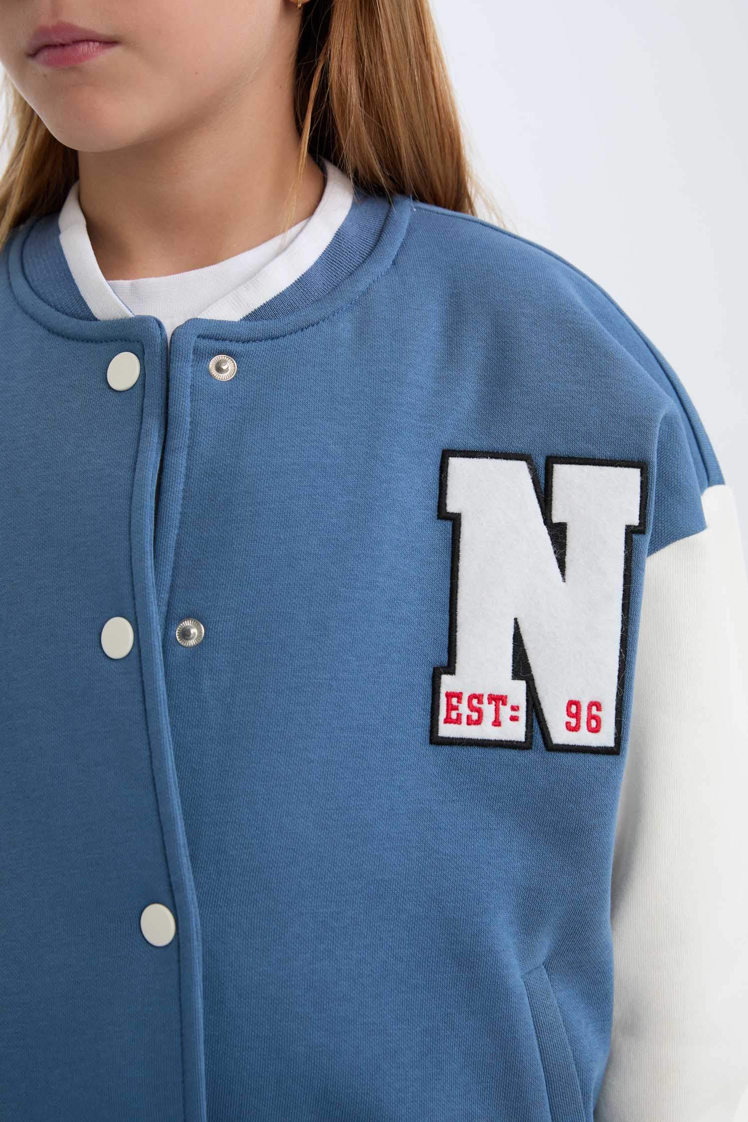 Kız Çocuk Baskılı Kolej Yaka Çıtçıtlı İçi Yumuşak Tüylü Bomber Ceket