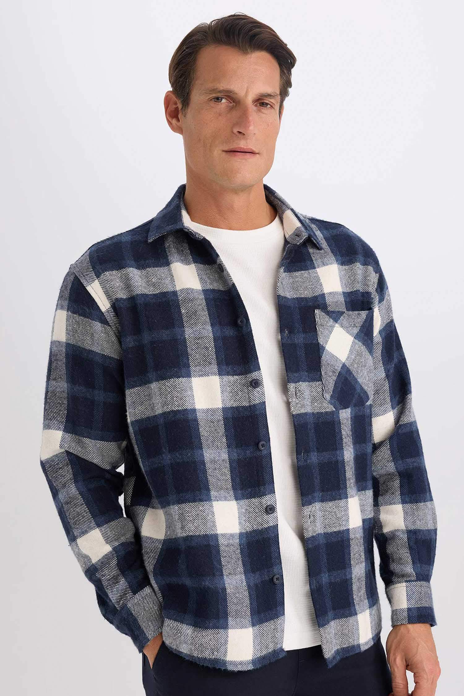 Regular Fit Polo Collar Plaid Long Sleeve Shirt