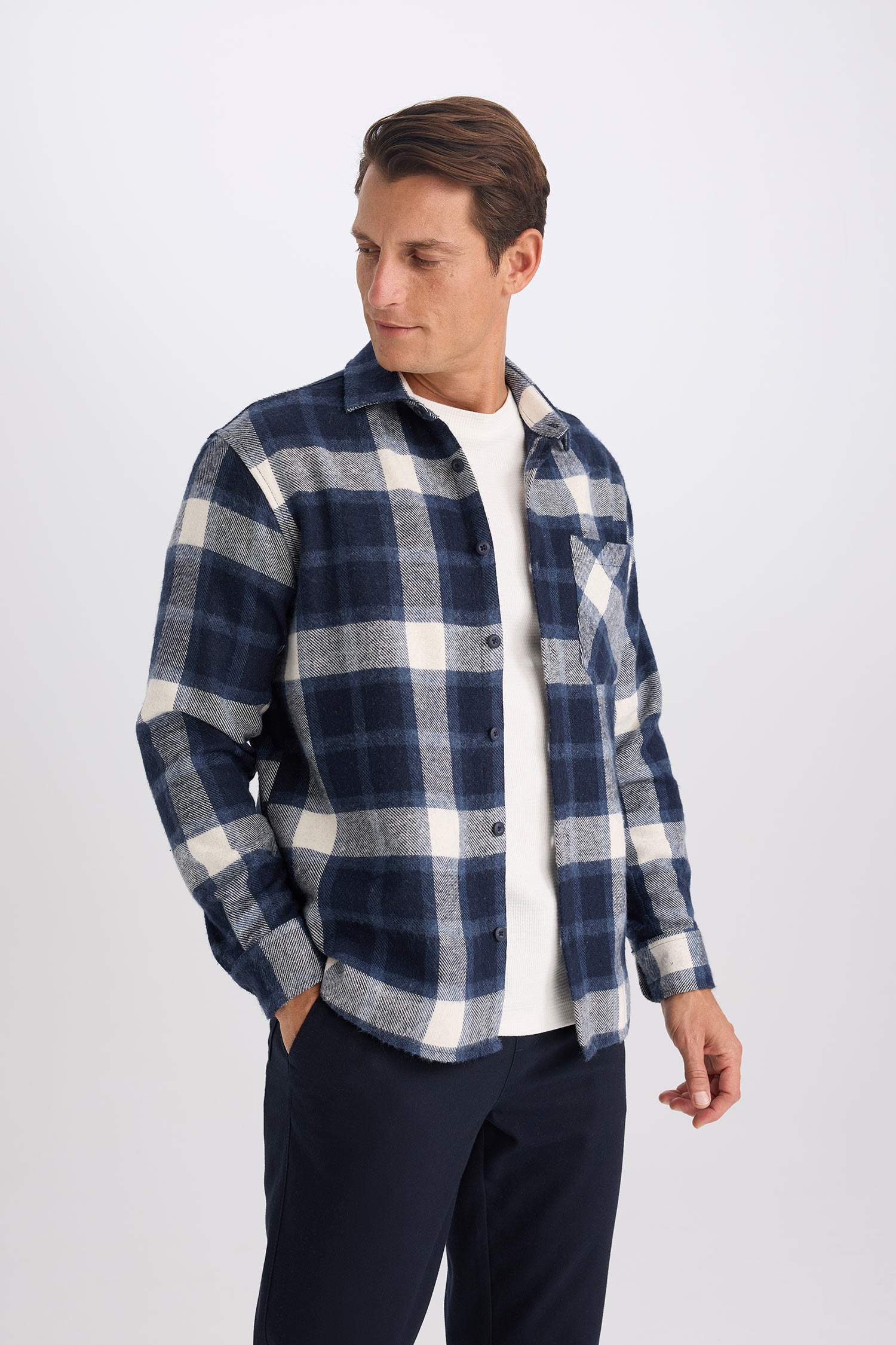 Regular Fit Polo Collar Plaid Long Sleeve Shirt