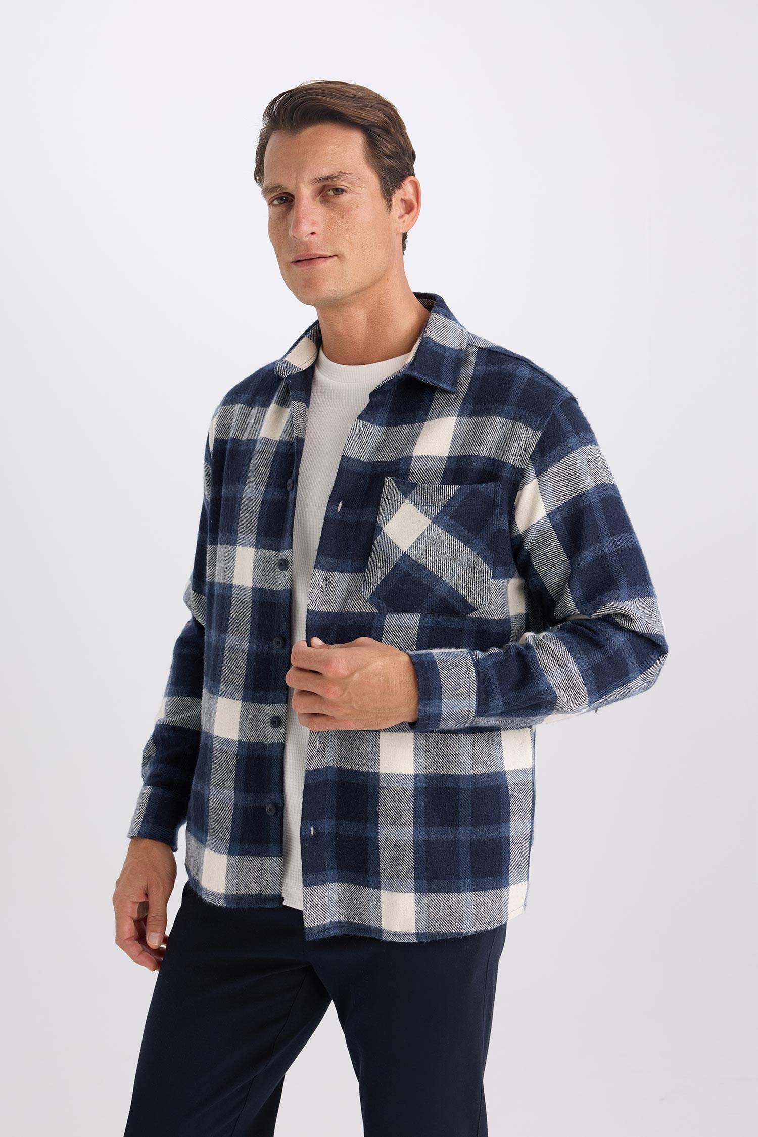 Regular Fit Polo Collar Plaid Long Sleeve Shirt