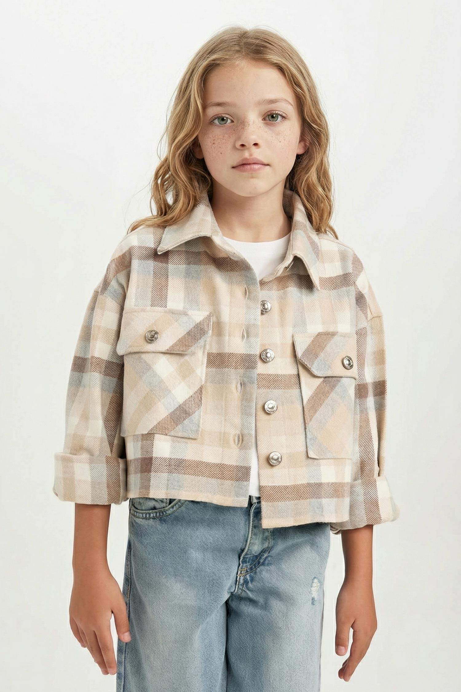 Kız Çocuk Ekoseli Çift Cepli Crop Uzun Kollu Gömlek